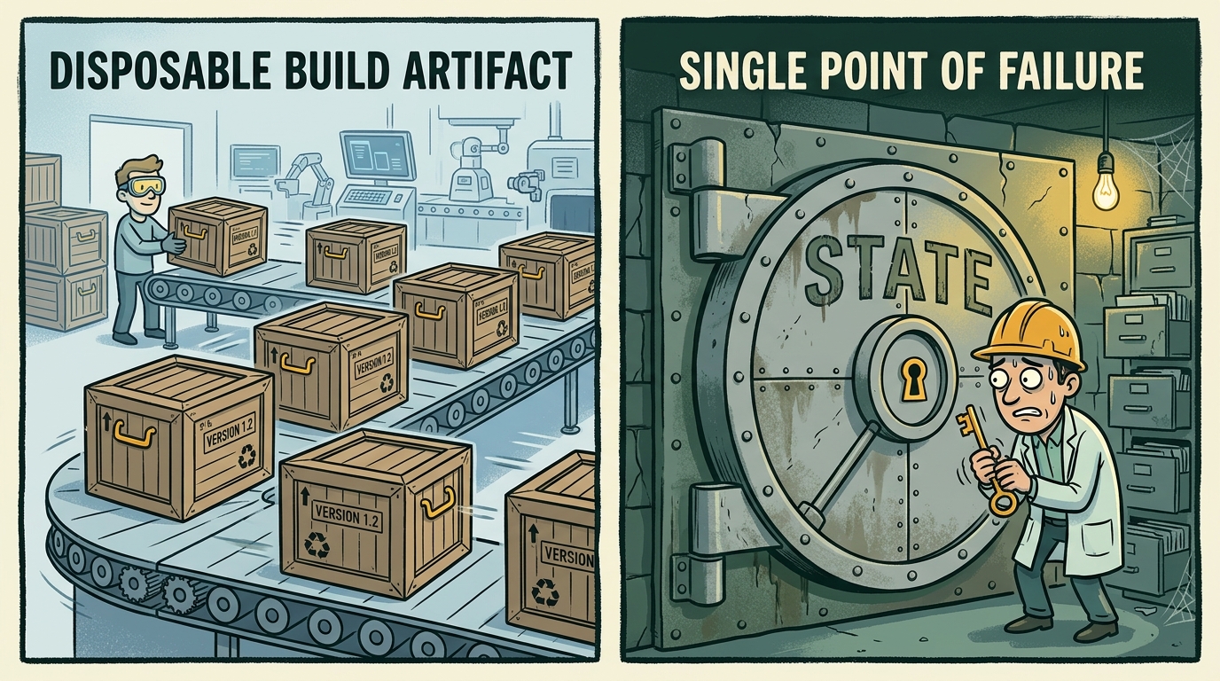 Split panel: disposable build artifact on a conveyor belt versus a bank vault labelled STATE with one engineer holding the only key