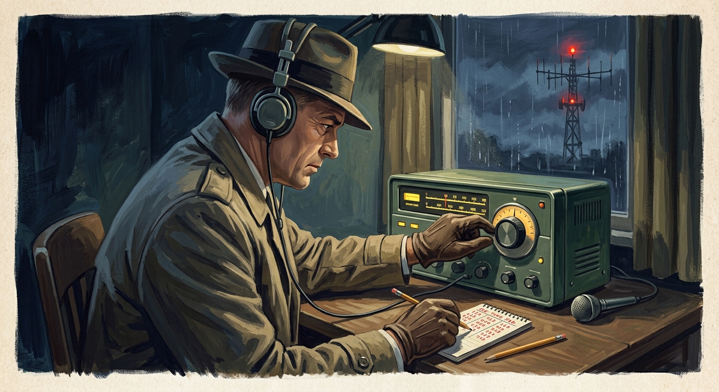 A man in a trenchcoat, trilby and leather gloves listens to a radio receiver. He is writing down characters on a notepad with the header 'One Time Pad'. An antenna with anti-collision lights is visible through a window.