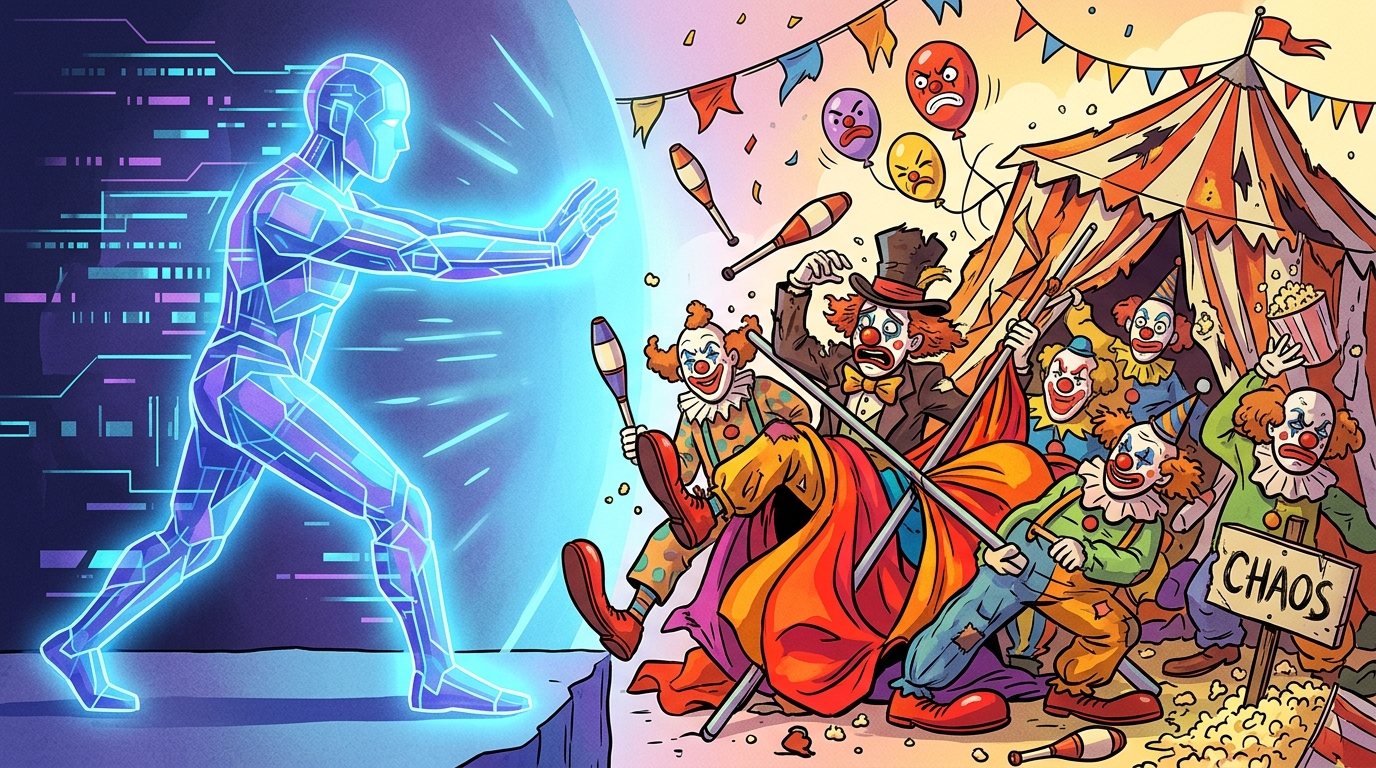 An android and a gaggle of clowns struggle to push against each other.