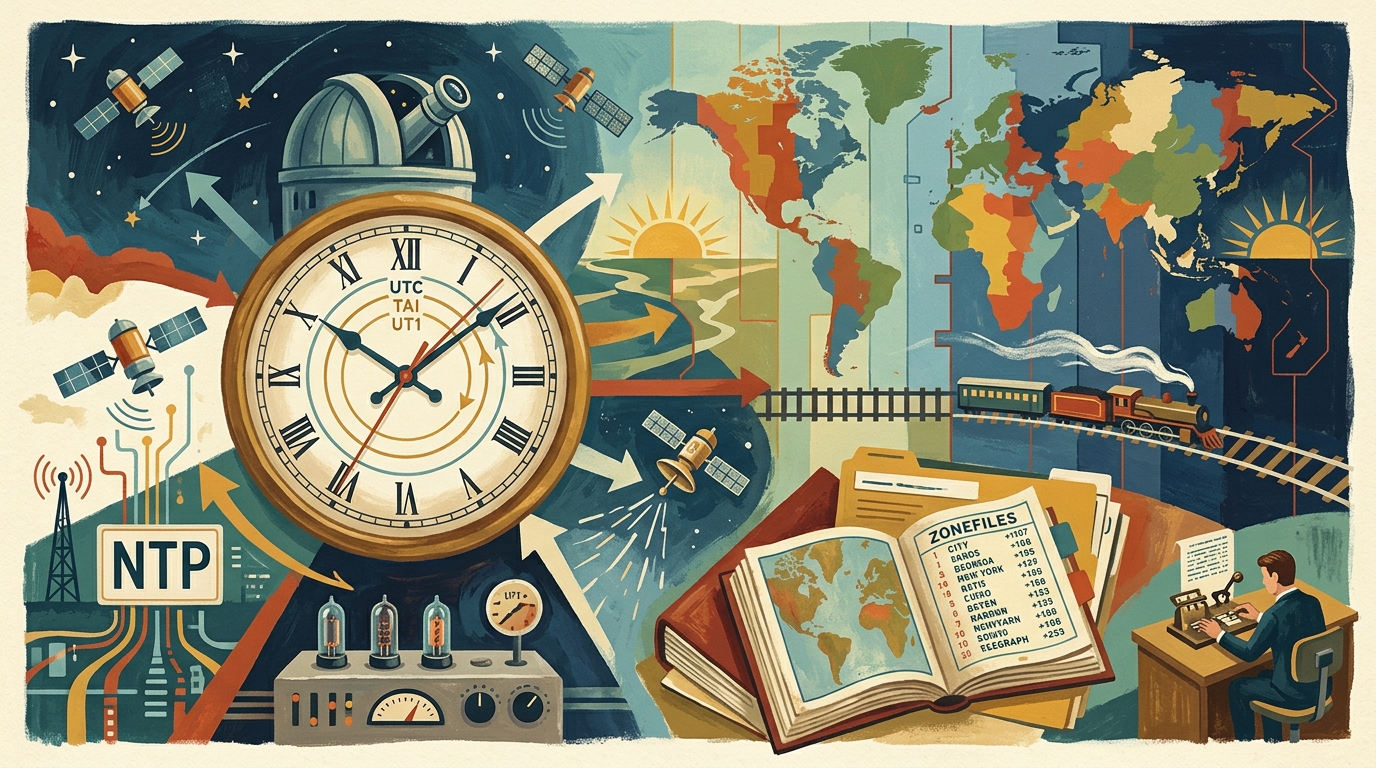 A montage of various time related concepts and terms, including NTP, UTC, TAI, UT1, Zonefiles, a timezone map... and the obligatory analogue clock face.