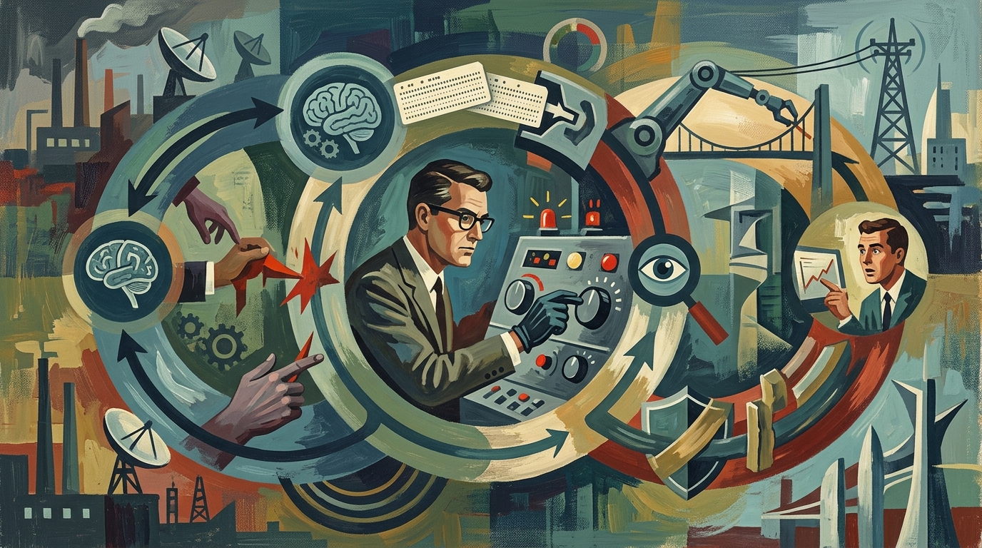 A trio of loops with various icons representing tools, or processing, with a man controlling a dashboard in the centre. A nod to the concept of the loop as a key part of agentic architectures.