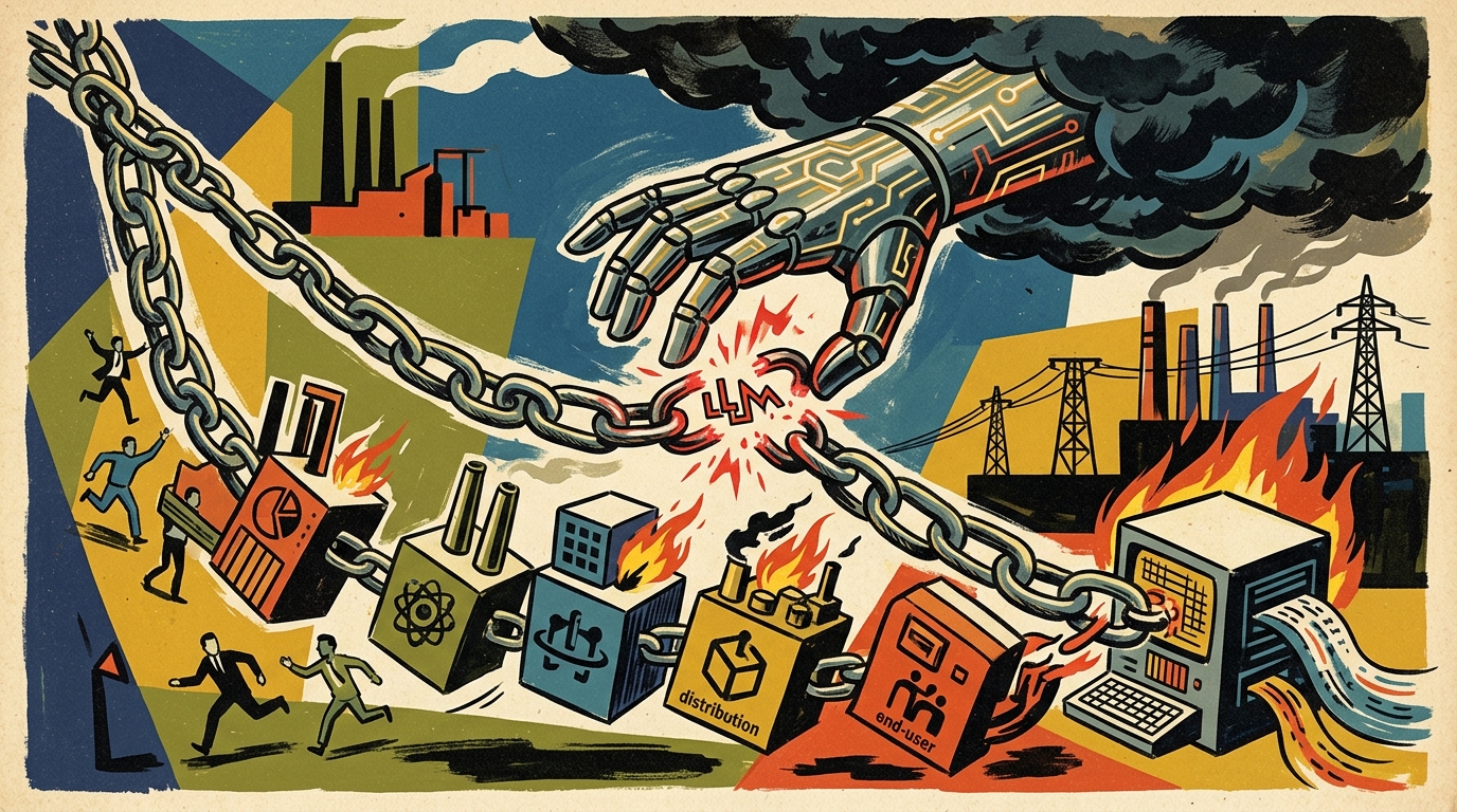 Two chains representing supply-chains cross the image from top-left to lower-right. A mechanical hand pinches and breaks one of the links in the top chain, causing the supply-chain to fail.