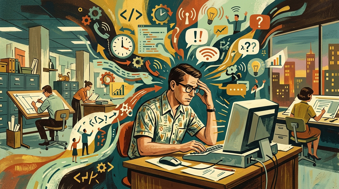 A montage representing scarce attention. A man sits at a computer with many thoughts competing for his attention.
