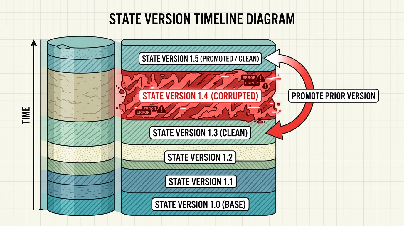 State versions as sediment layers with a corrupted layer in red and an arrow promoting the prior clean version