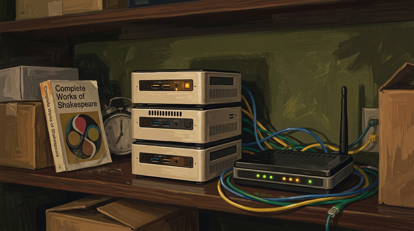 Three mini PCs and a router on a spare-bedroom shelf, shot like a server room