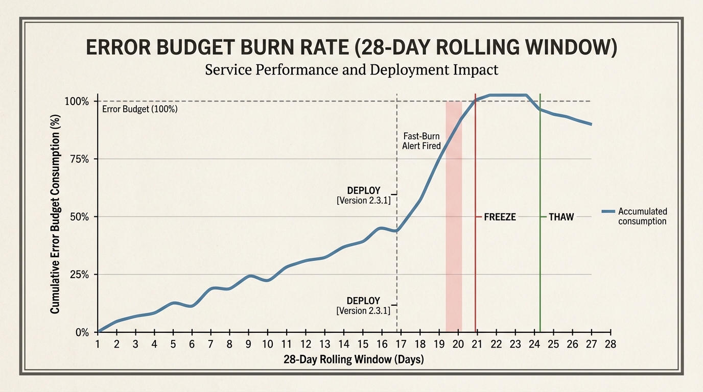 Error budget burn-rate chart over a 28-day rolling window, with deploy, fast-burn alert, freeze, and thaw annotations