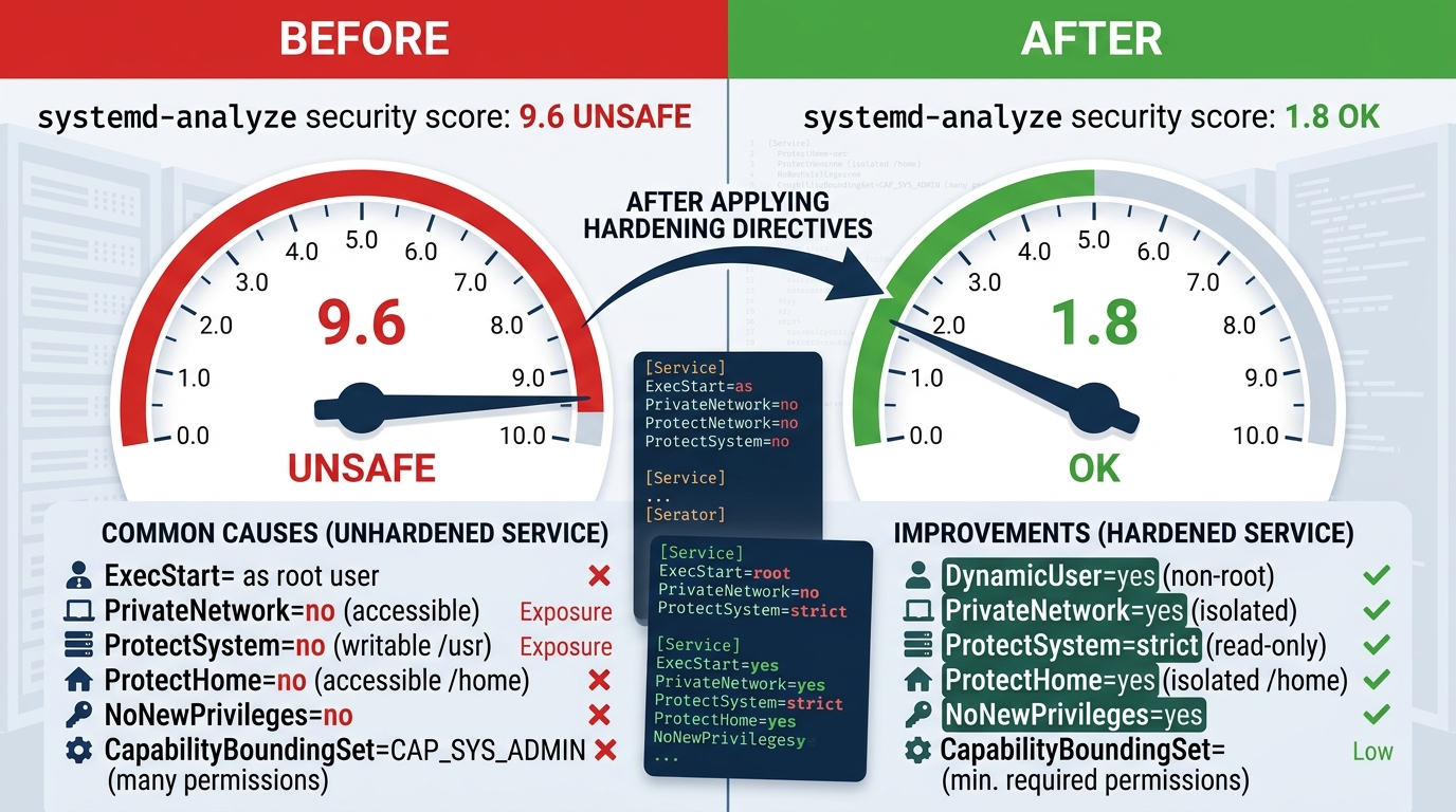 Before/after gauges: systemd-analyze security score moving from 9.6 UNSAFE to 1.8 OK after hardening directives