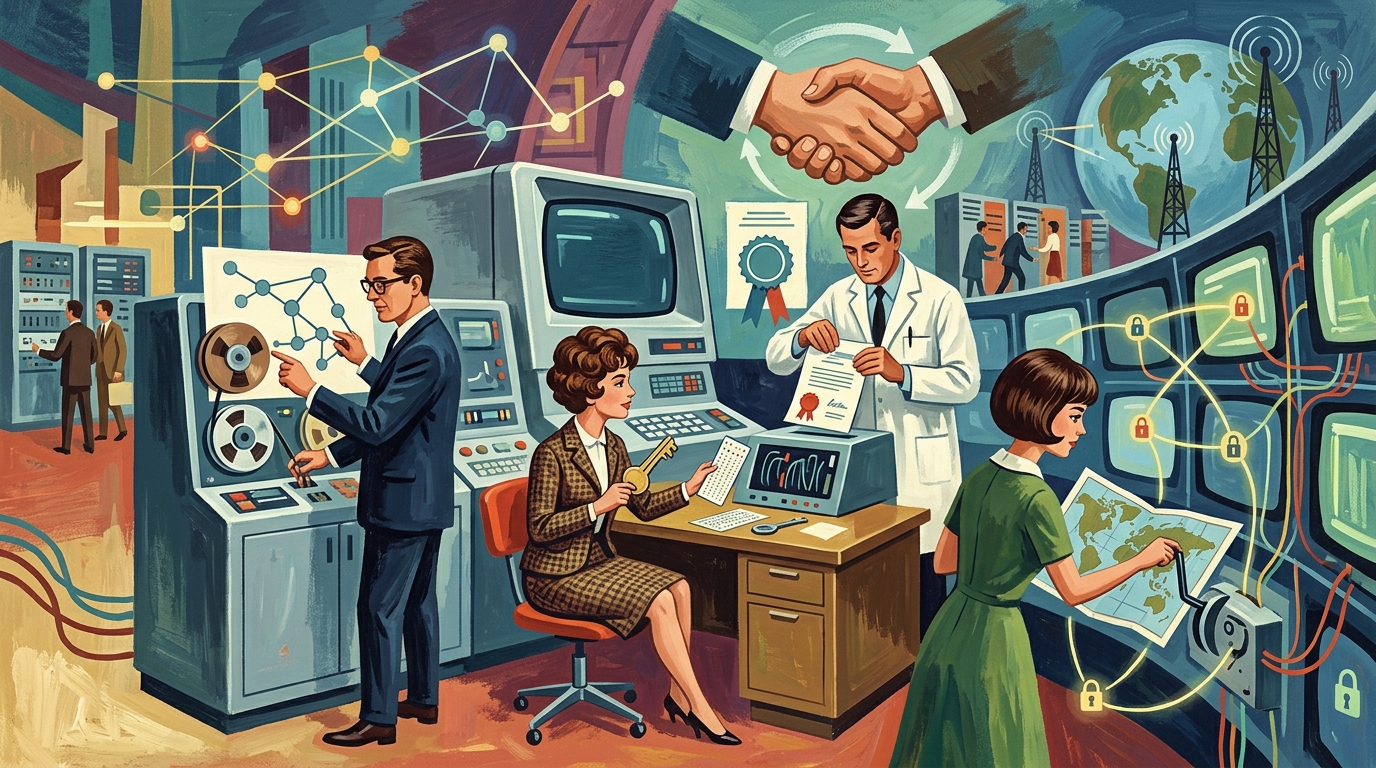 A montage of various PKI and encryption related images, including web of trust, PKI, handshakes etc.