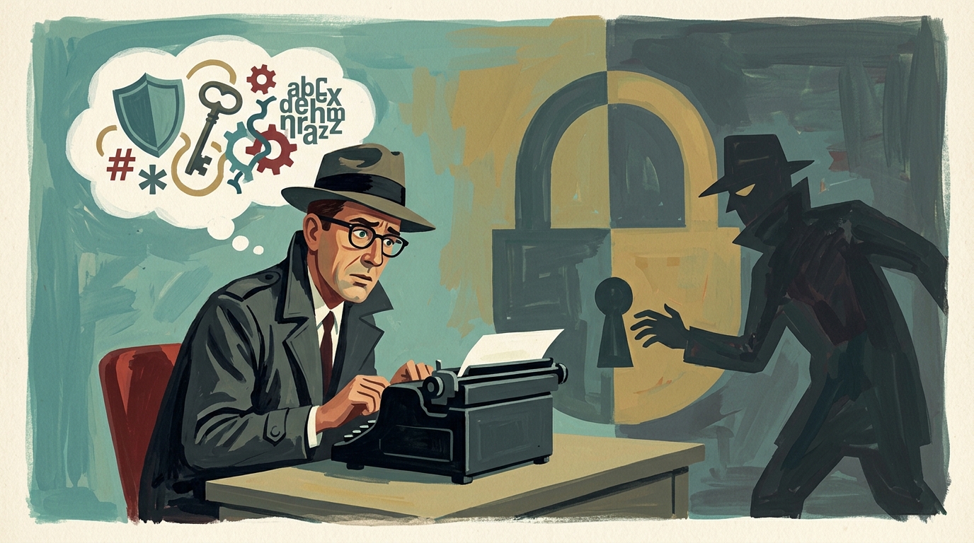 A man sits at a typewriter, thinking about security, keys, and a jumble of letters. A shadowy man lurks in the background.