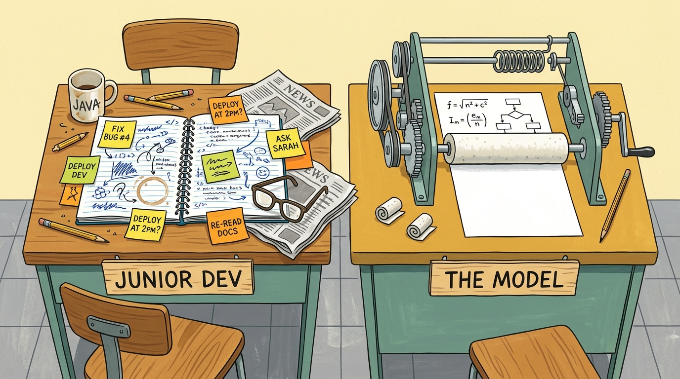 Two desks: a junior dev's accumulating notebook versus the model's sheet wiped clean each time