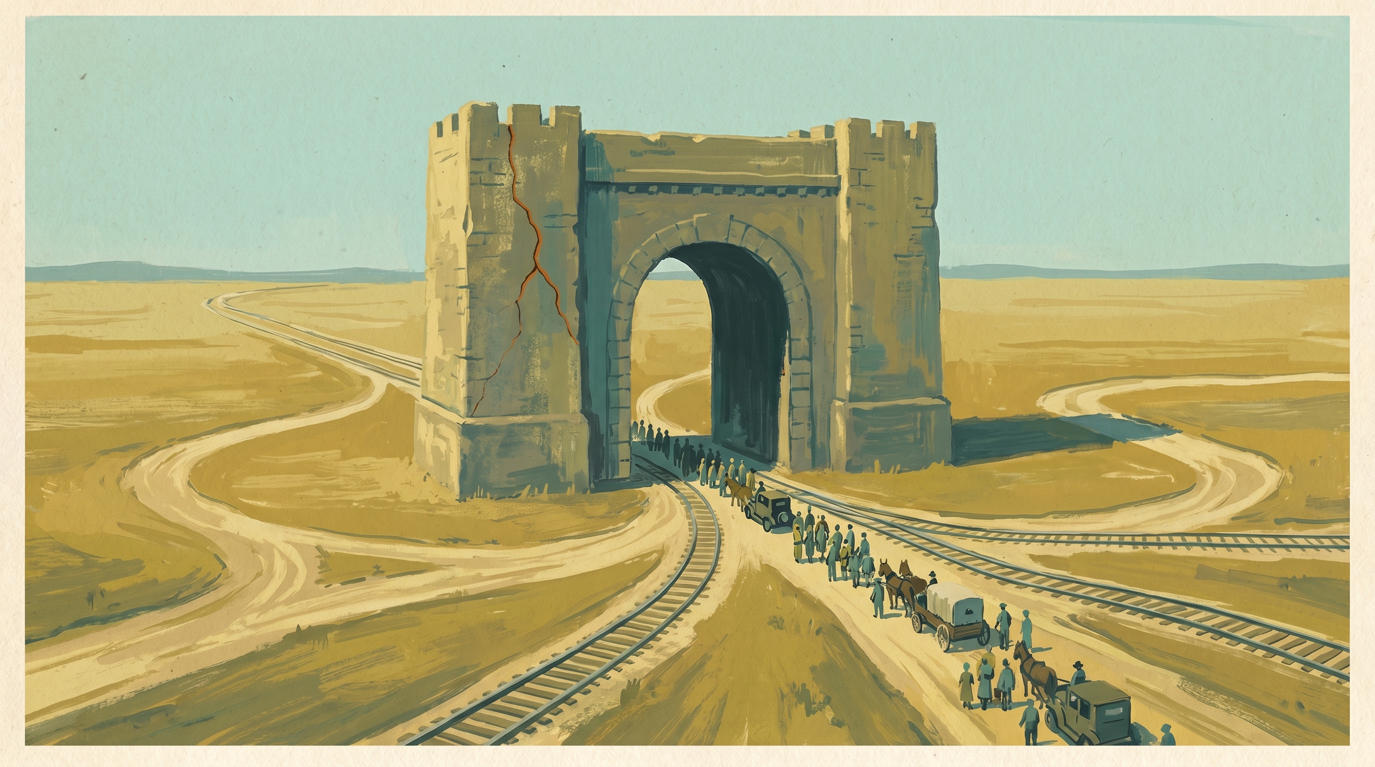 A lone fortified stone gateway on a plain with every road converging through its single arch and a hairline crack running up one pillar — both shield and chokepoint, painted as a 1960s gouache magazine cover.