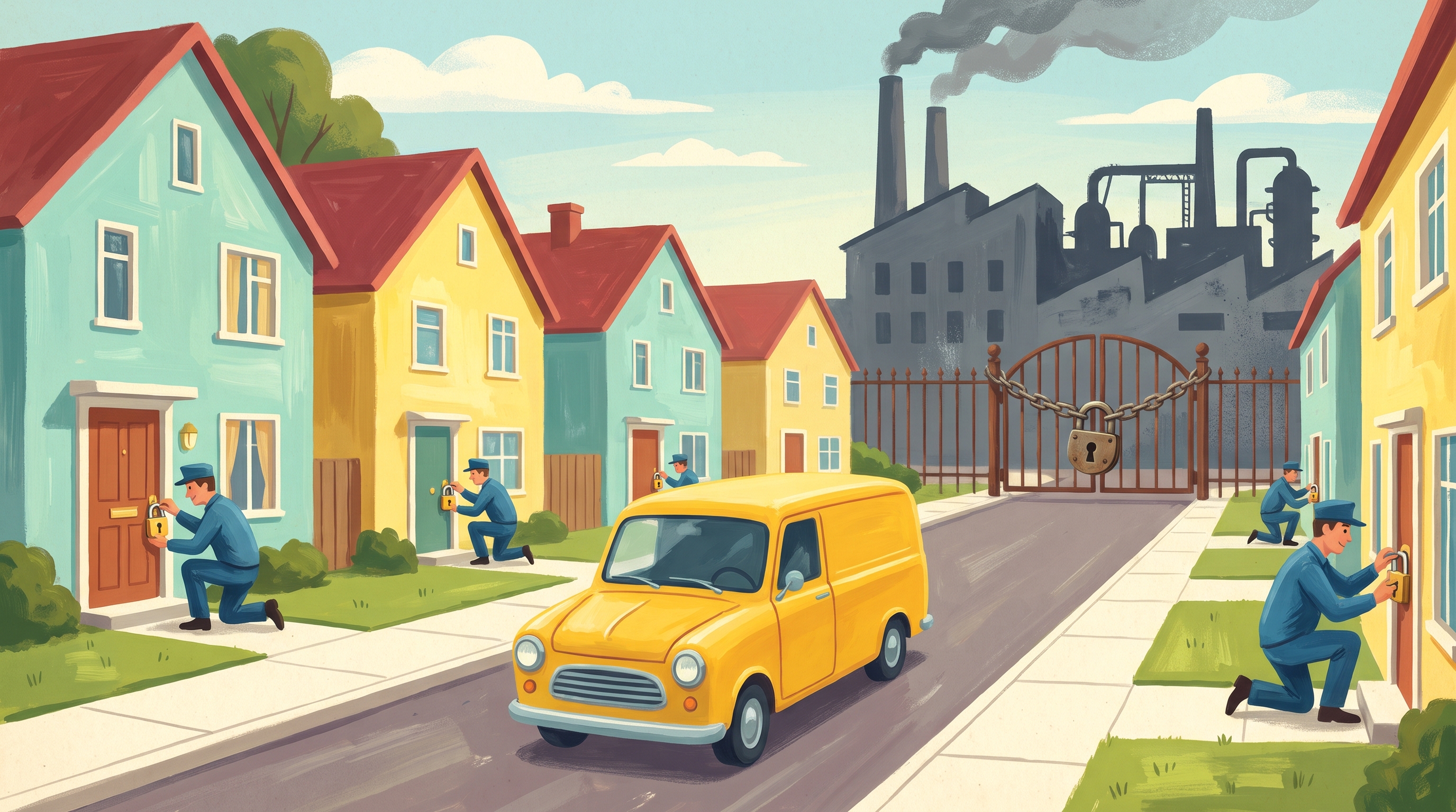 Locksmiths fit shiny new locks to every front door on a pastel suburban street while the factory at the end of the road stays chained shut behind an old rusty padlock — 1960s gouache.