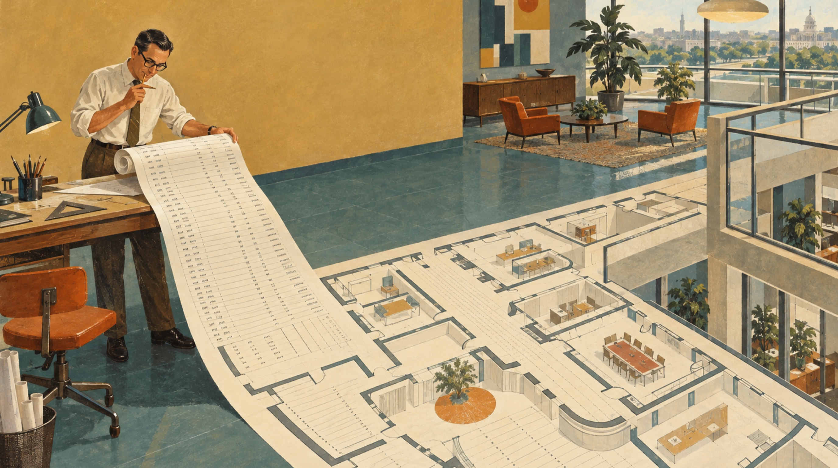 A mid-century engineer unrolling a long printed invoice across the floor, where its ruled rows become the architectural floor plan of the building he is standing in — 1960s gouache.