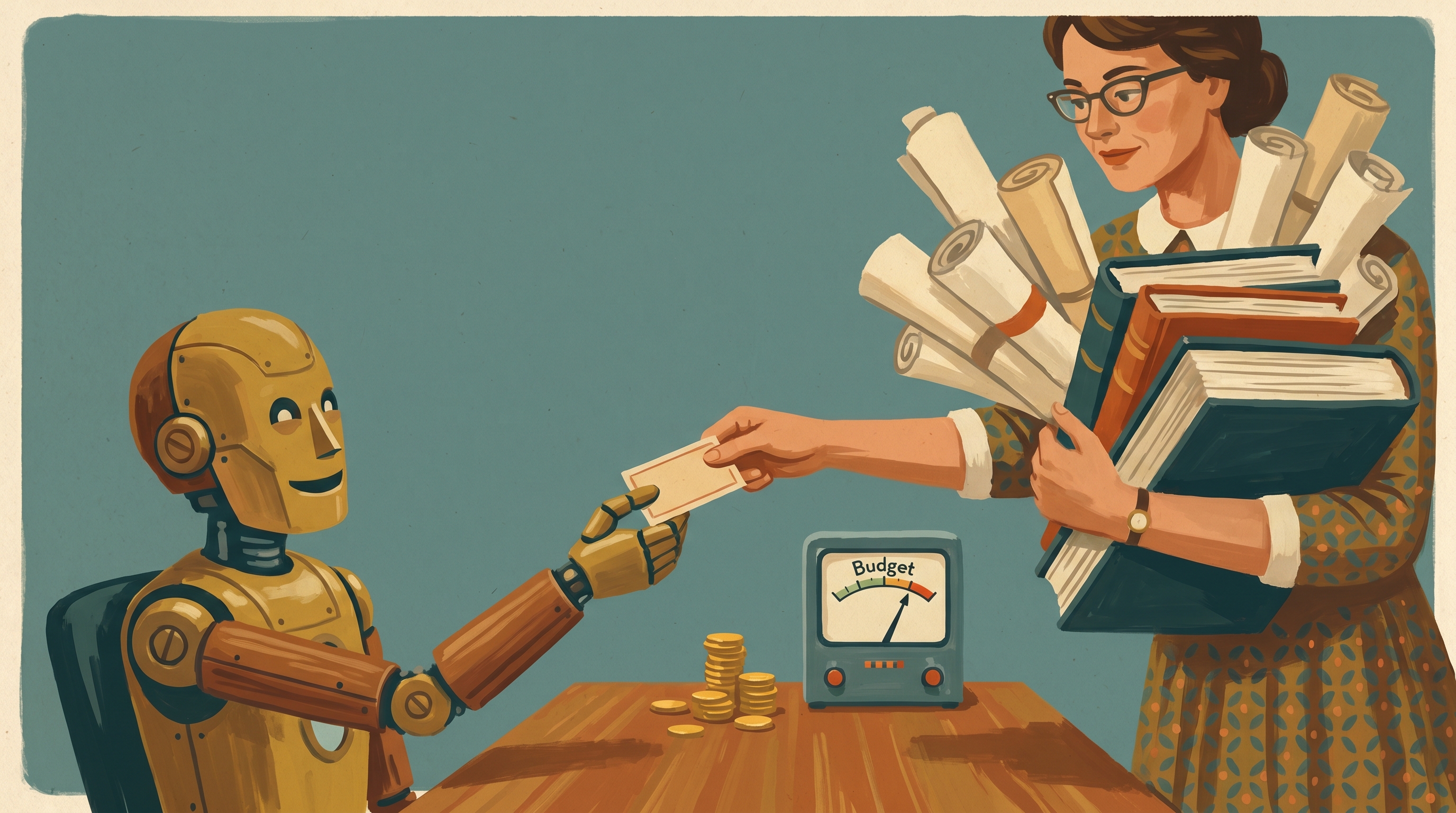 A mid-century librarian hands a mechanical automaton a single index card, chosen from an overflowing armful of scrolls — 1960s gouache.