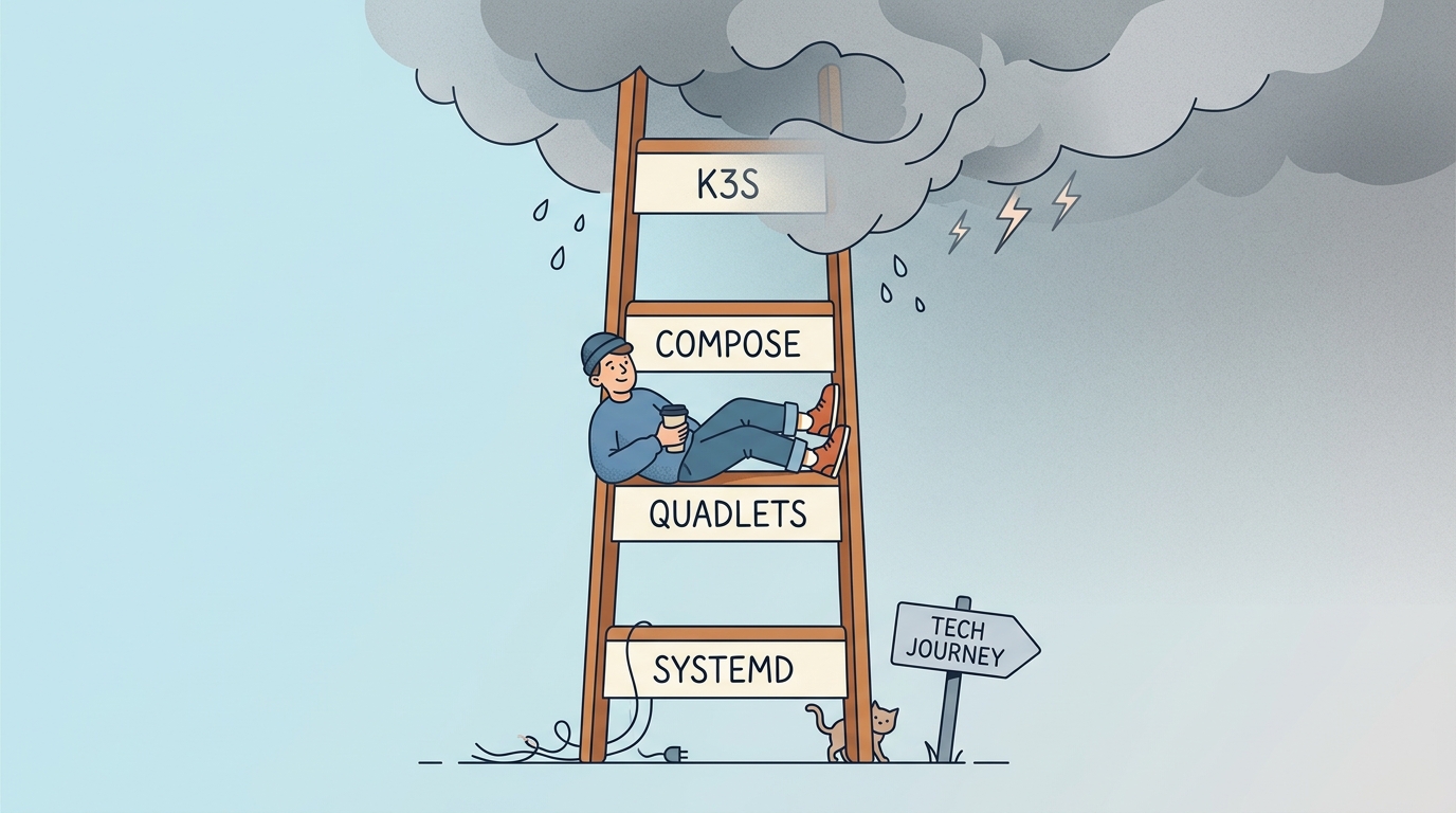 A ladder with rungs labelled systemd, quadlets, Compose, and k3s — the top rung disappearing into storm clouds