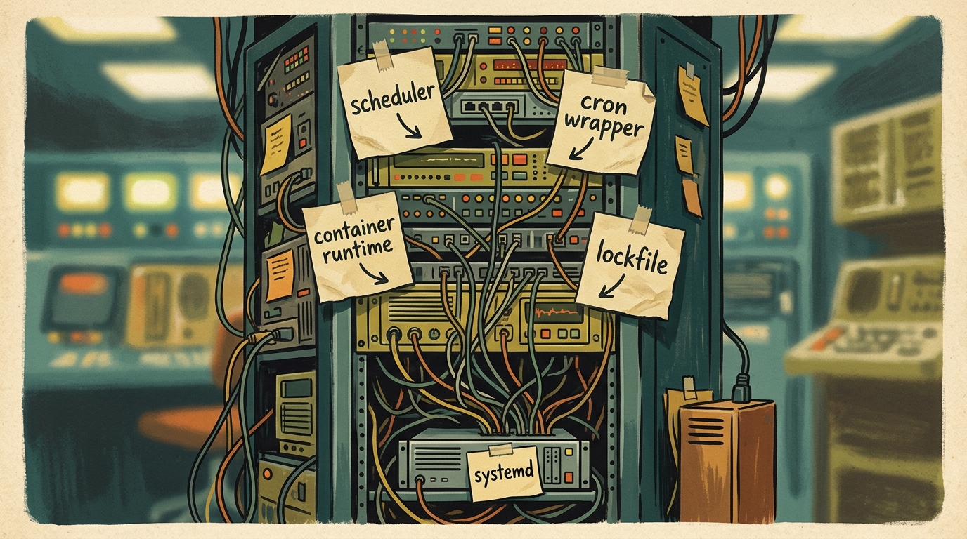 A cluttered server rack with sticky notes — scheduler, cron wrapper, container runtime, lockfile — all pointing at one box labelled systemd