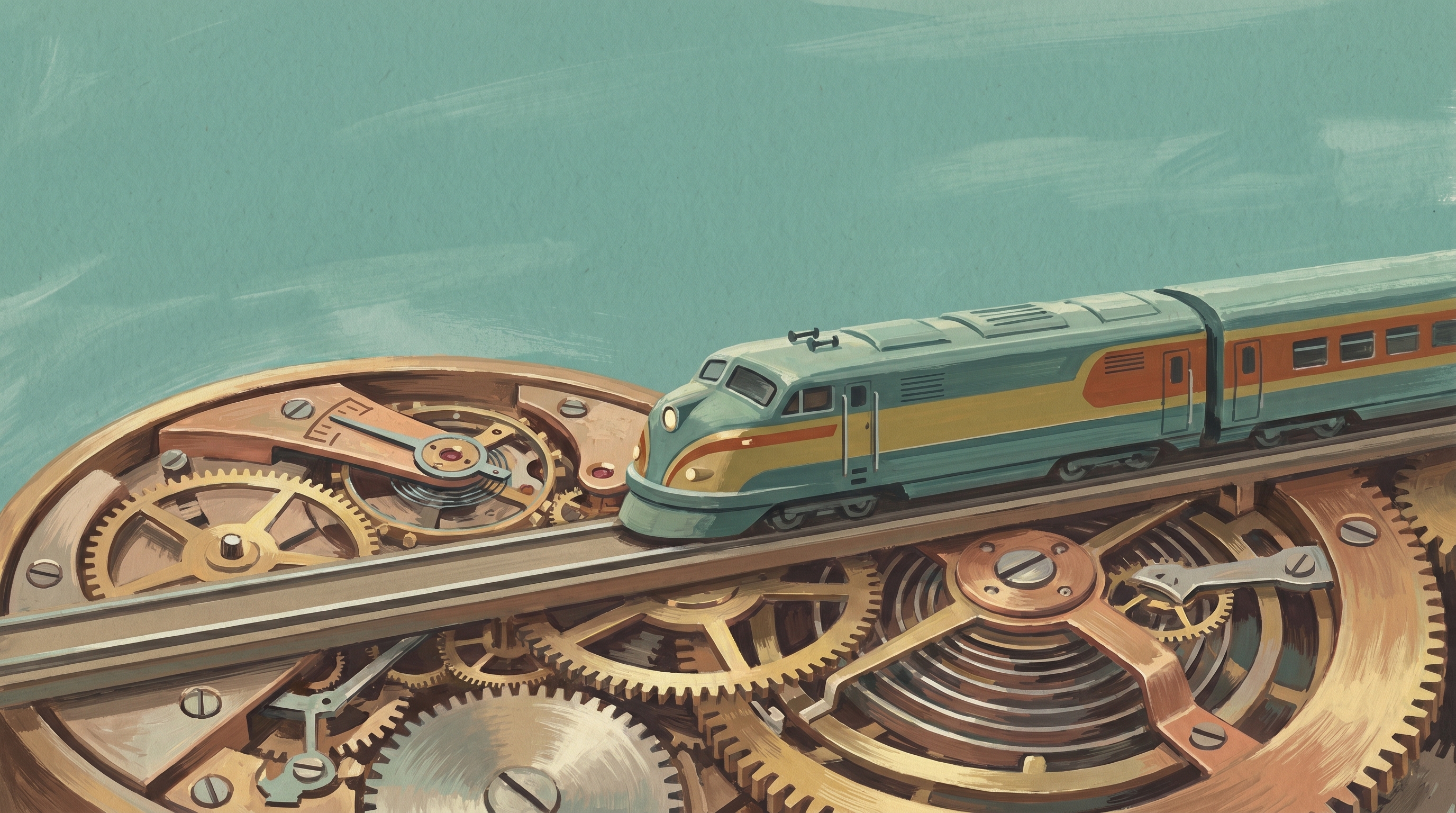 A streamlined 1960s locomotive racing along a track that runs straight through the exposed delicate innards of a giant clockwork mechanism — speed bought deep inside fragile machinery, in 1960s gouache.
