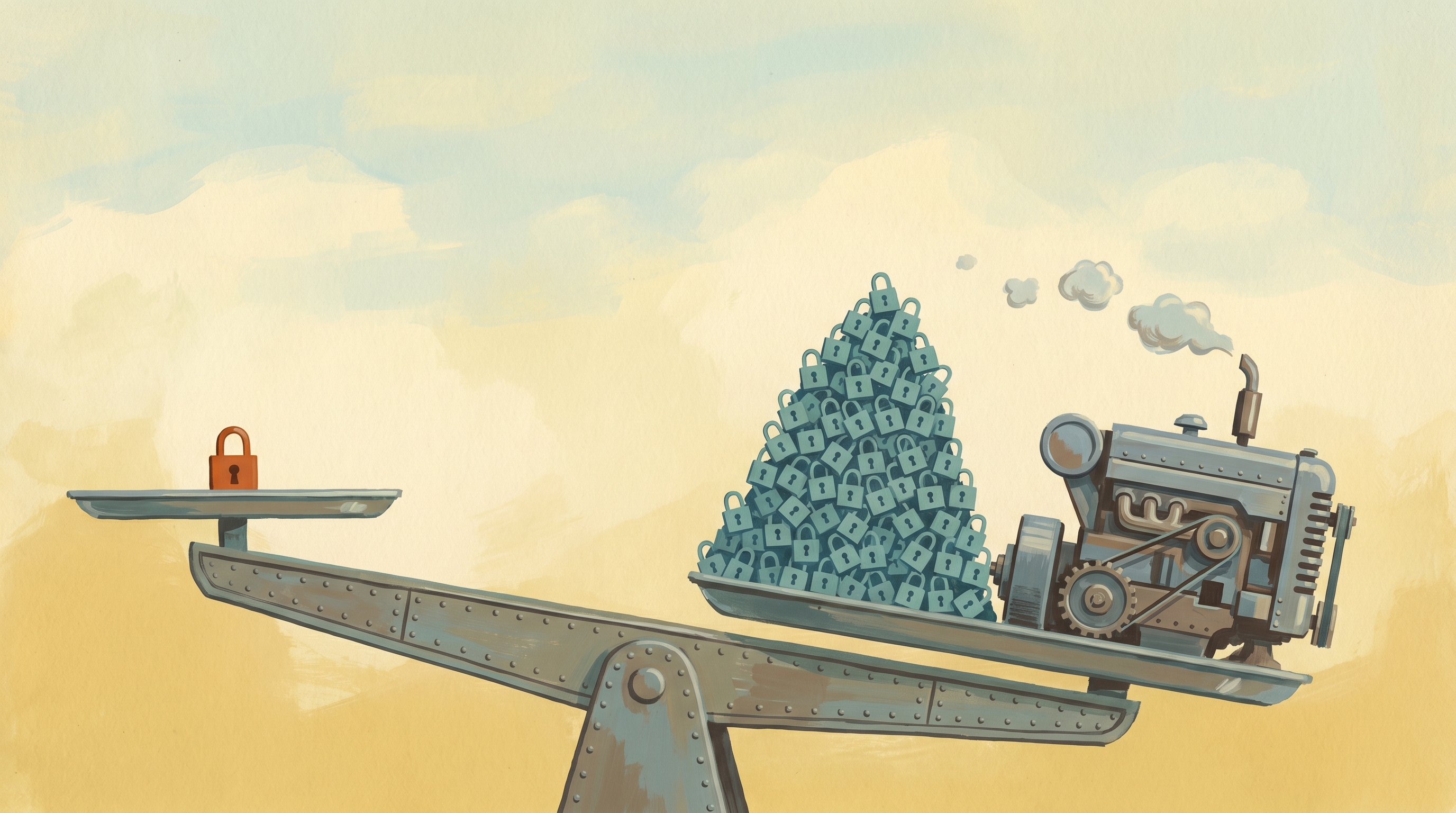 An enormous balance scale with a single featherlight padlock on one pan and a colossal mountain of millions of padlocks dragging the other down while a straining engine groans — 1960s gouache.