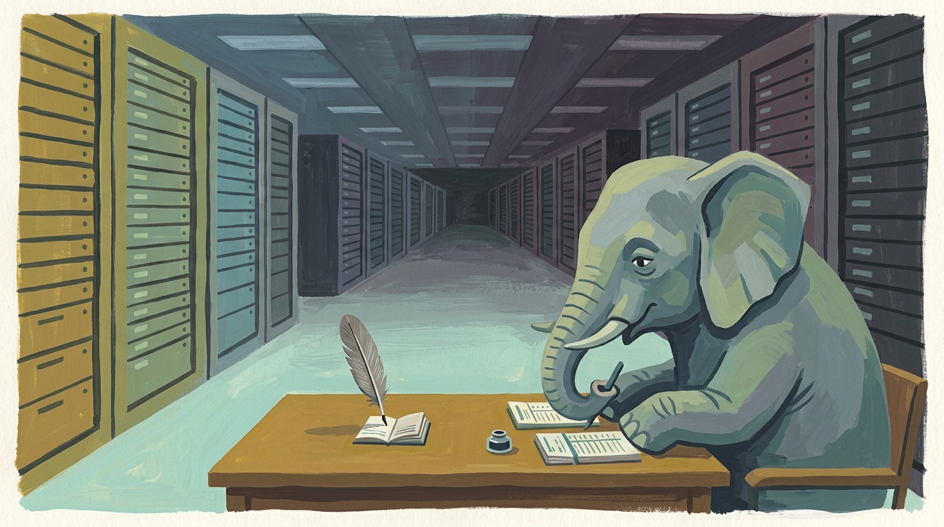 A Postgres elephant writing with a quill at a desk in a vast, dimming data-centre aisle