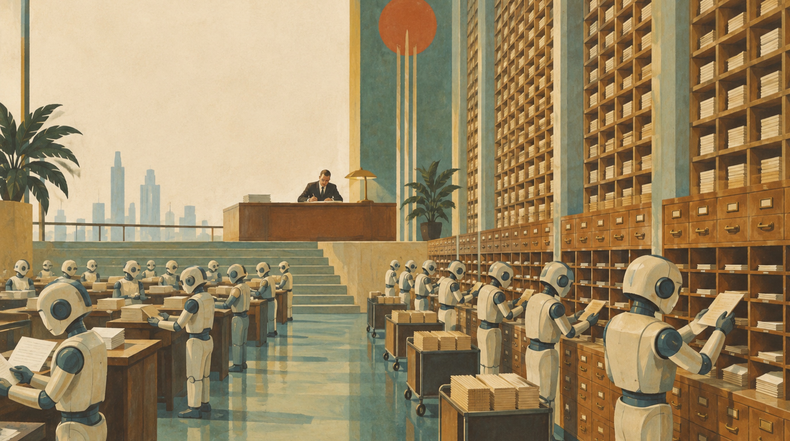 A vast mid-century government registry hall where one human supervisor at a raised desk signs a single document while rows of identical clerk-robots file papers into a wall of numbered pigeonholes — 1960s gouache.