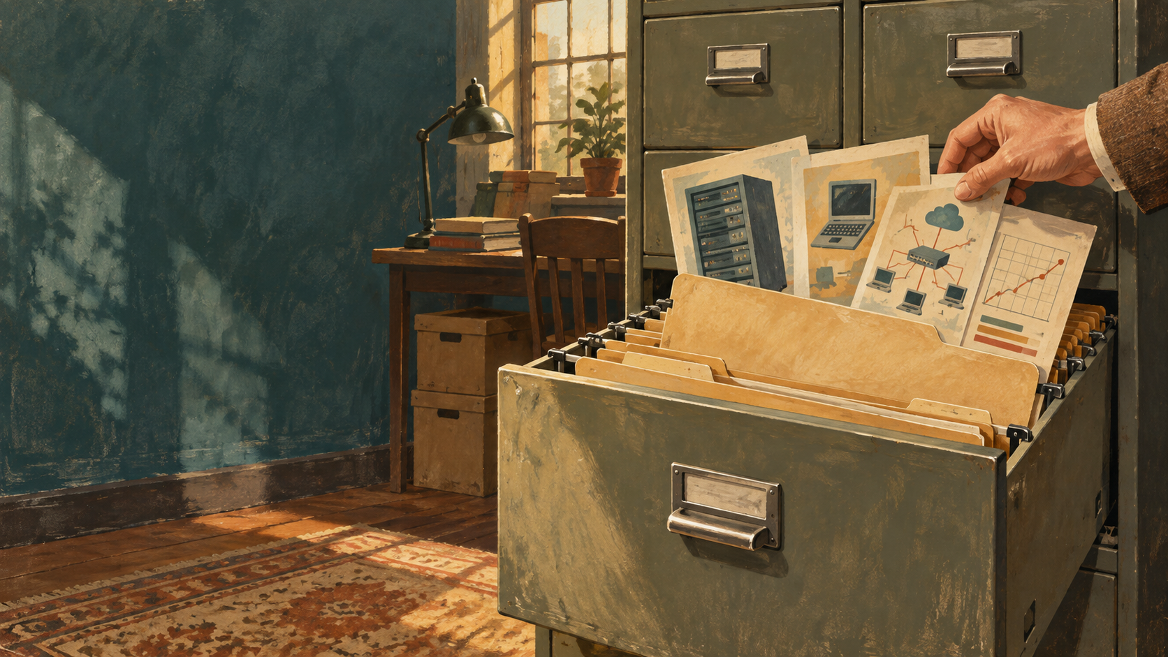 A hand lifts old illustrated files – a server rack, a laptop, a network diagram and a rising chart – from the open drawer of a battered green filing cabinet in a sunlit study, 1960s gouache.