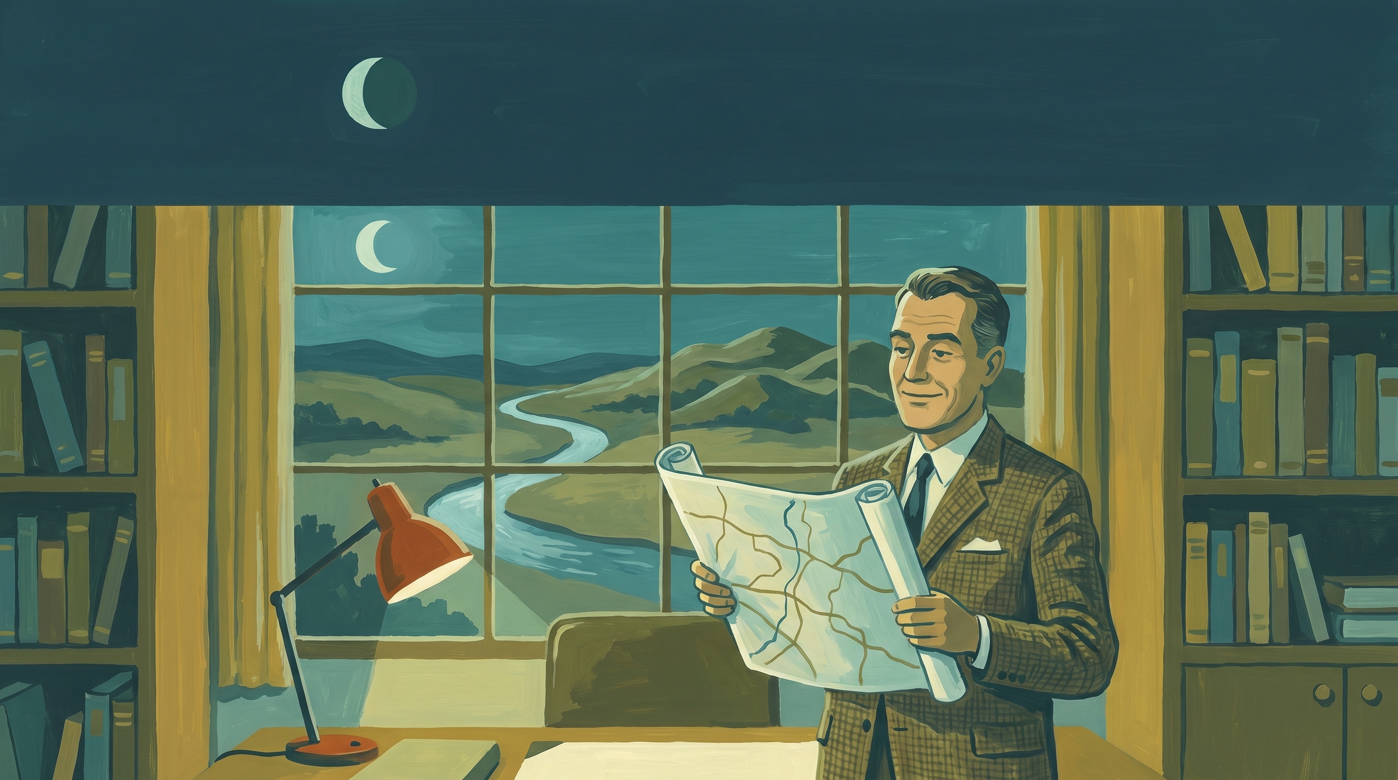 A confident cartographer holding a pristine map while, through the window behind him, the moonlit landscape has rearranged itself overnight so map and territory no longer agree — 1960s gouache.