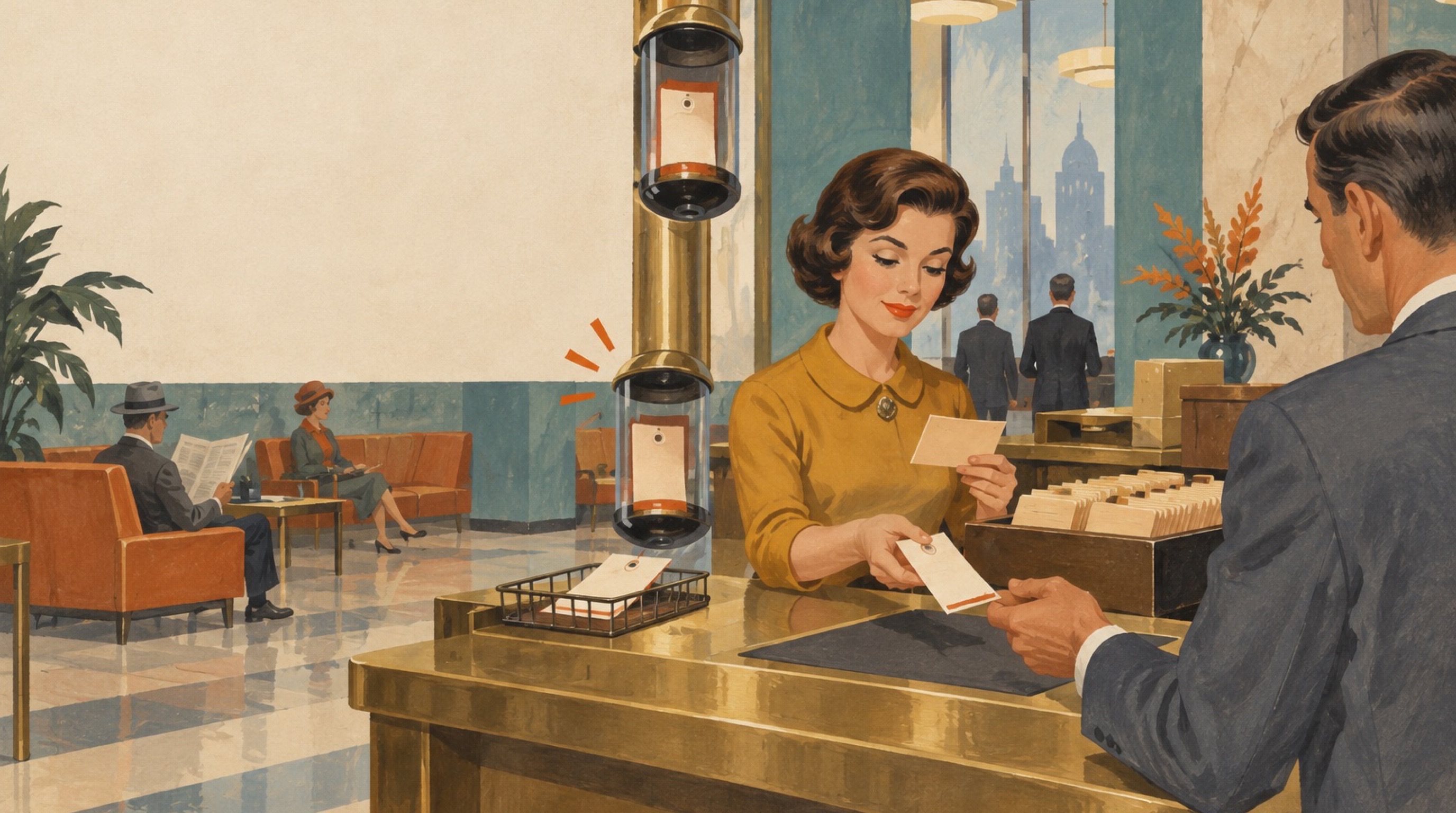 A calm mid-century bank clerk receiving the same numbered docket twice from a pneumatic tube, checking it against a card index and handing back the identical receipt rather than doing the work again — 1960s gouache.