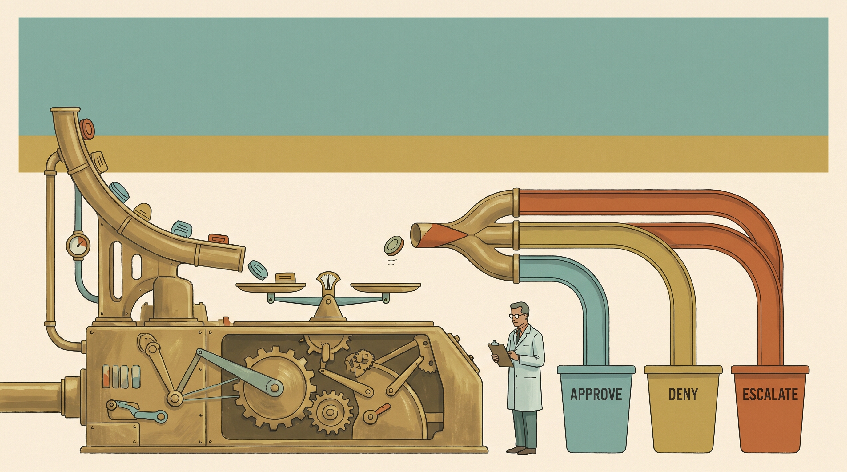 A cutaway of a brass classification engine sorting request-tokens down branching tracks into approve, deny and escalate bins, an operator watching a borderline token at the threshold — 1960s gouache.