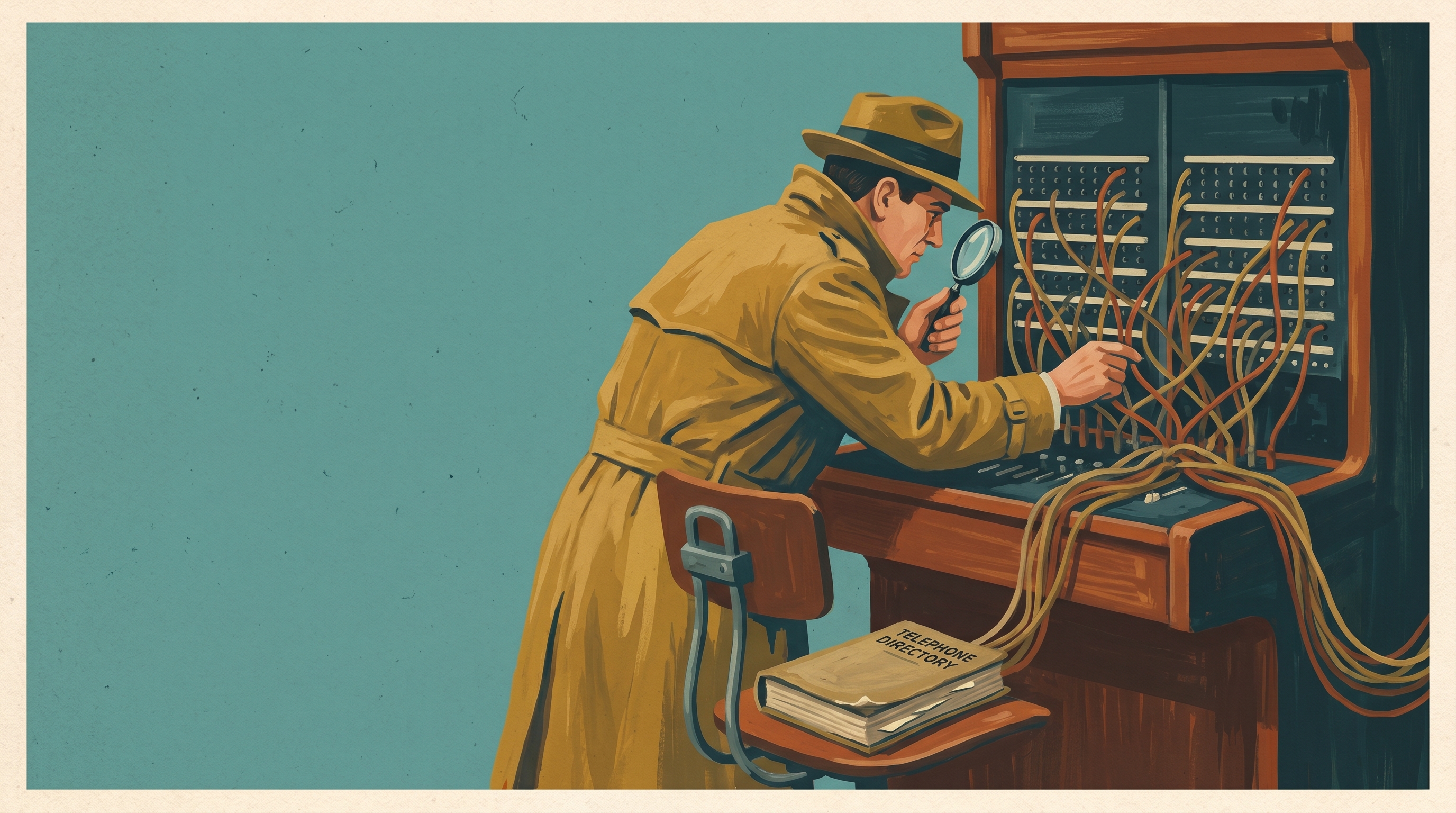 A mid-century detective traces a tangle of switchboard wires back to a single humble telephone directory on a stand — 1960s gouache.