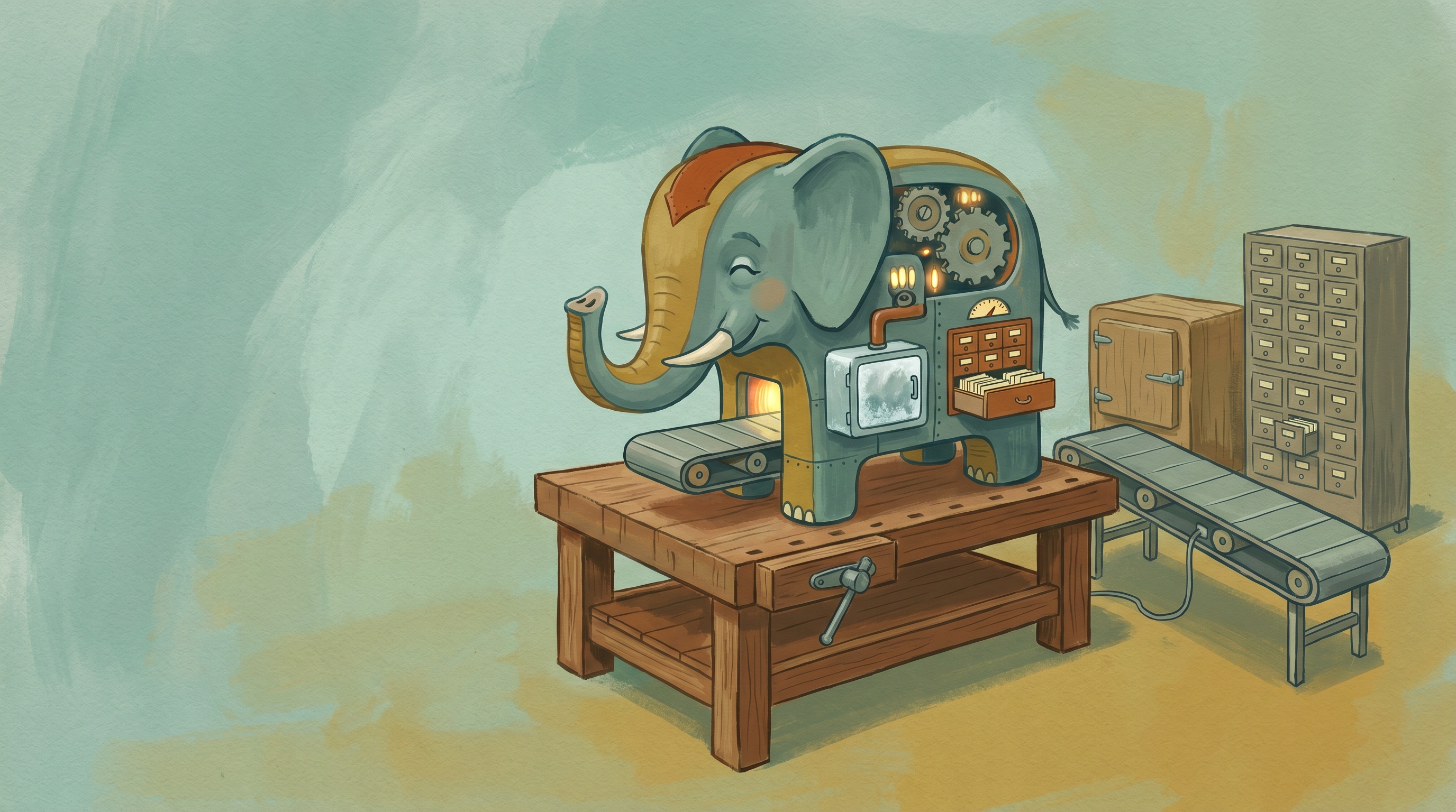 A mid-century workbench where a single elephant-shaped engine quietly does the work of three idle machines beside it — a sorting conveyor for queueing, an ice-box for caching, and a card-catalogue for search — 1960s gouache.