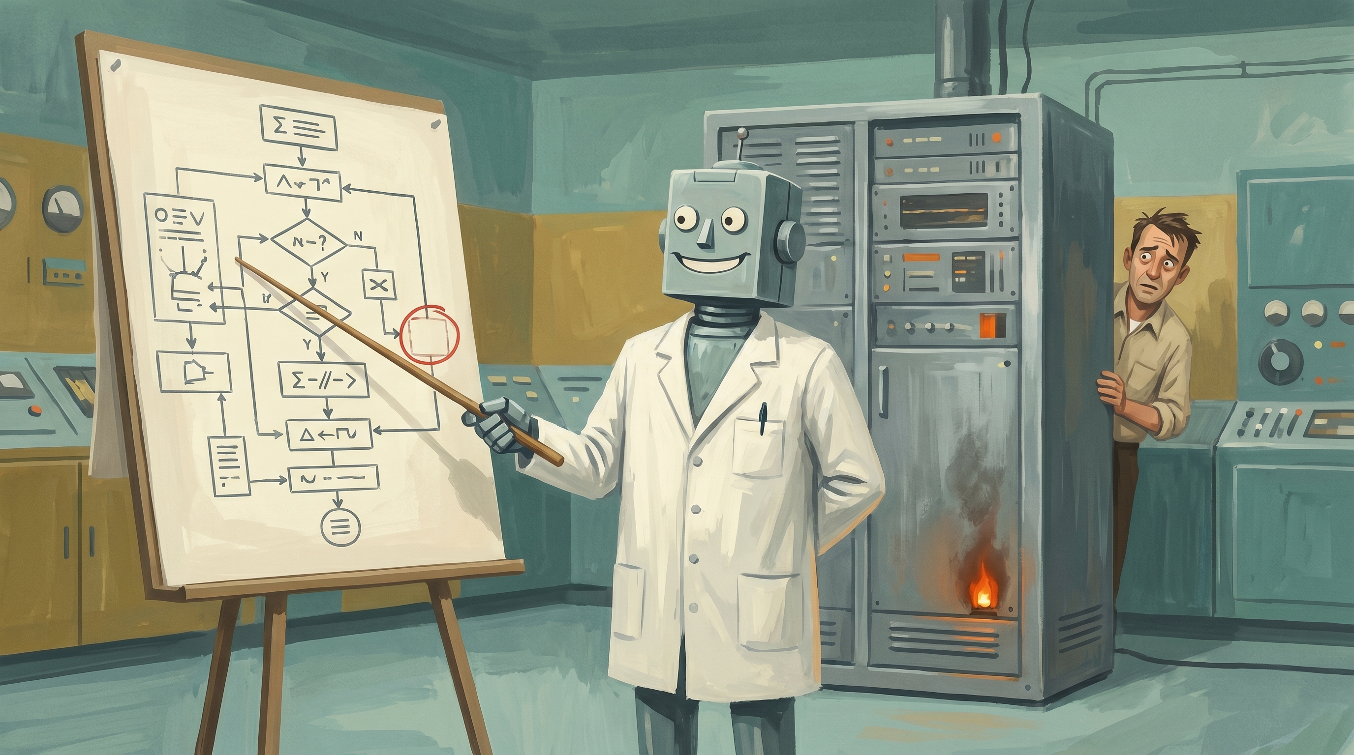 A confident mid-century robot in a white coat pointing at the wrong spot on a diagnostic chart while behind it the actual server cabinet smoulders with the real fault glowing unnoticed — 1960s gouache.