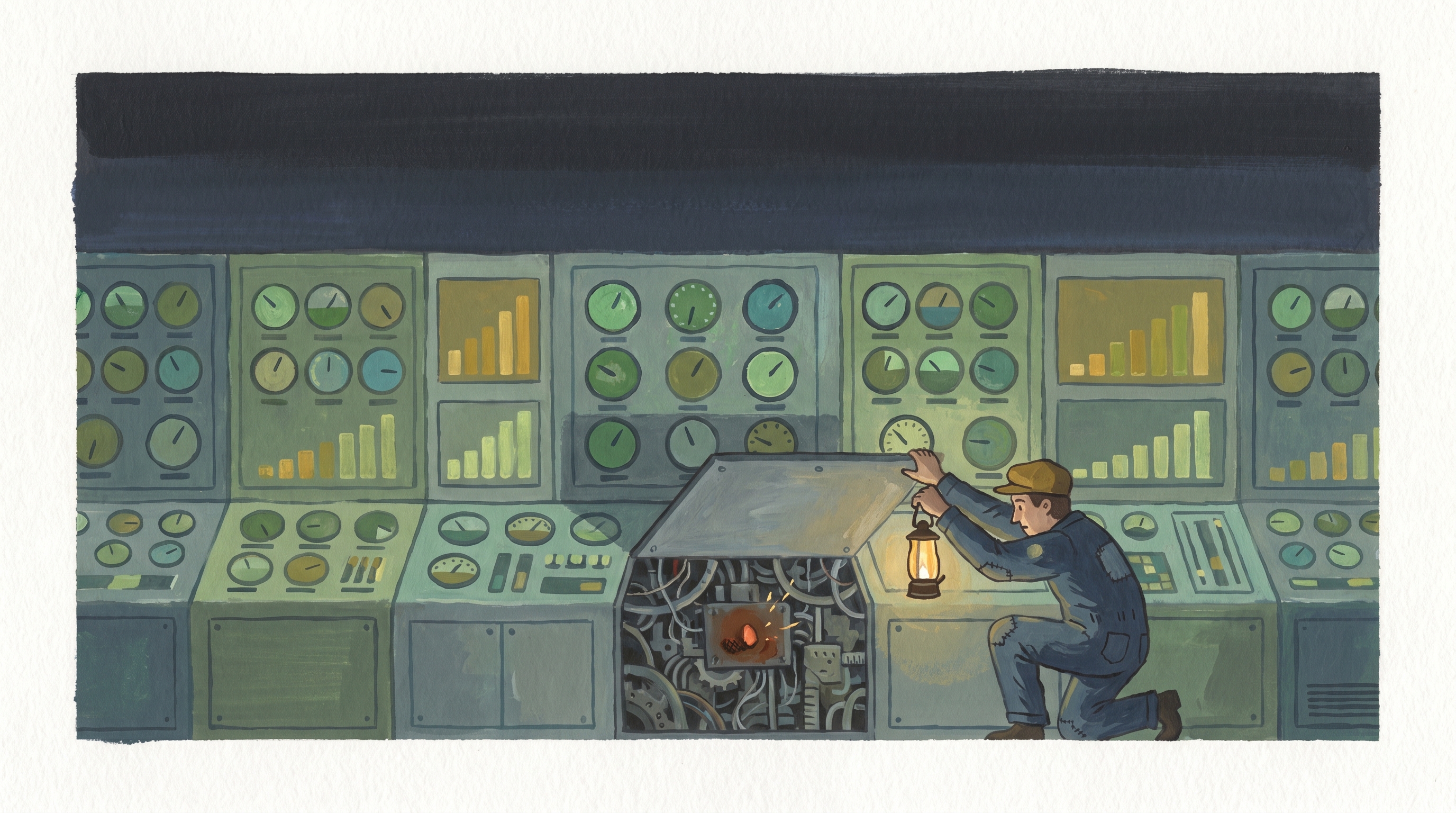 A towering wall of glowing green dials and tidy graphs while a small engineer with a lantern lifts a panel to peer at a subtle fault hidden in the machinery behind it — 1960s gouache.
