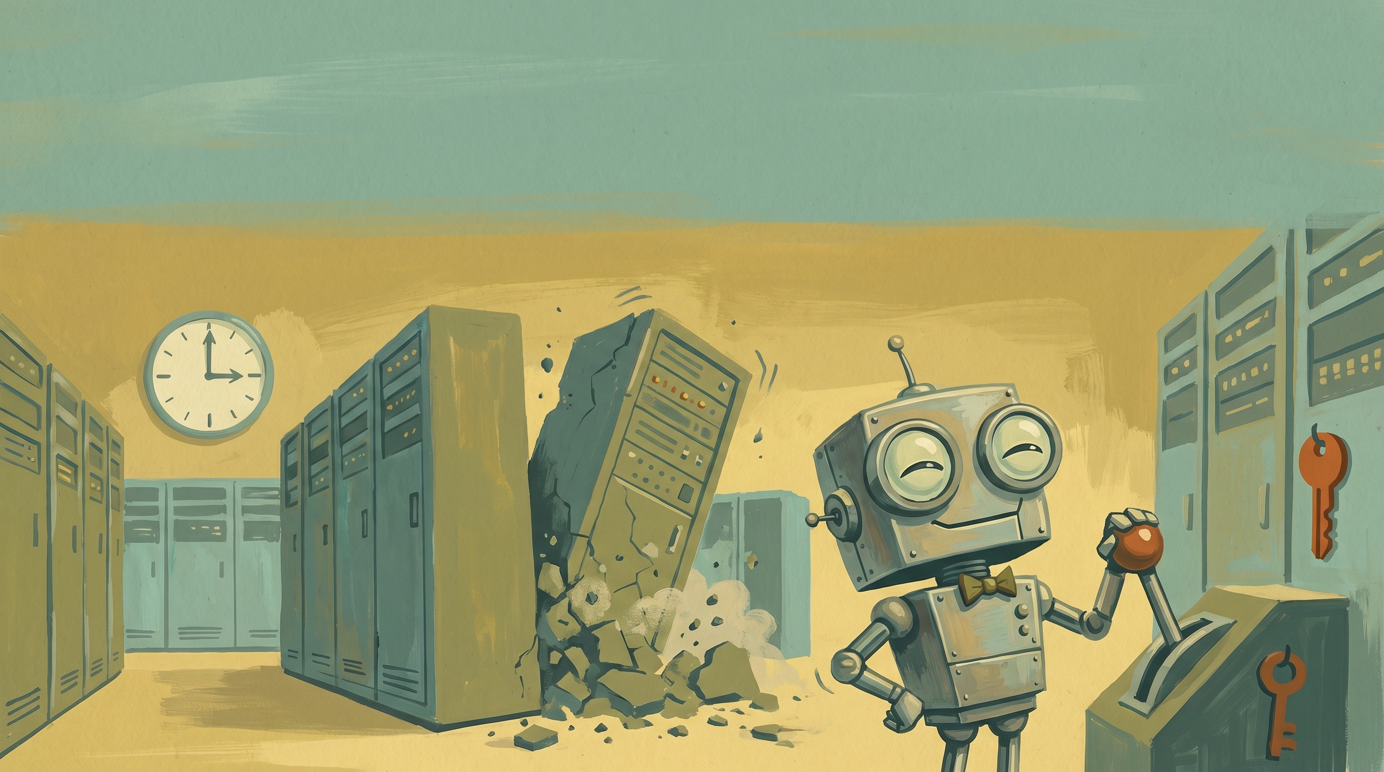A small mid-century robot in a server vault, having found a stray key, confidently pulling a lever that topples a data-vault into rubble as a clock shows nine seconds — confident catastrophic helpfulness, in 1960s gouache.