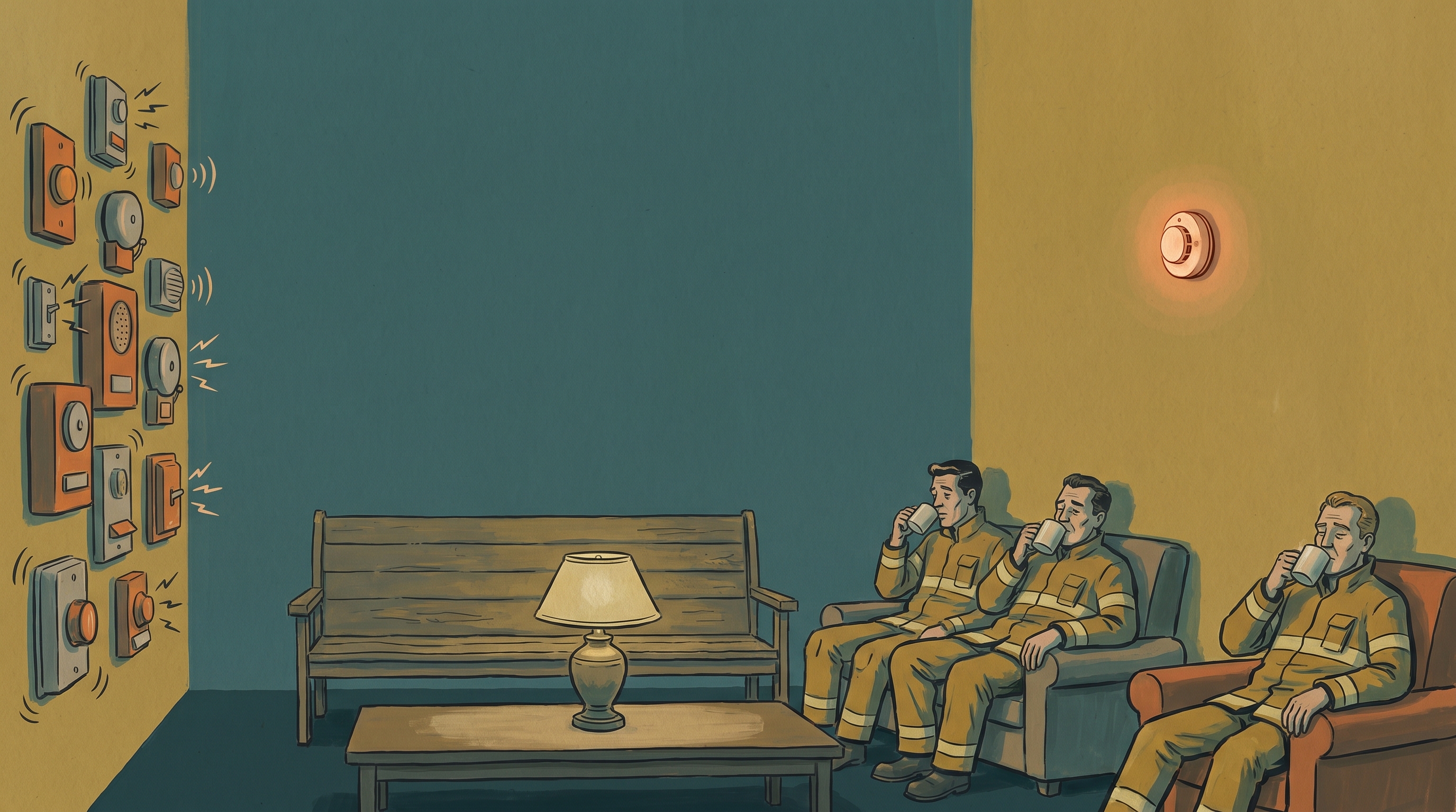 A quiet 1960s fire-station room at night: one smoke detector glows on the wall while an opposite wall of doorbells rings, ignored — alert fatigue made literal, in 1960s gouache.