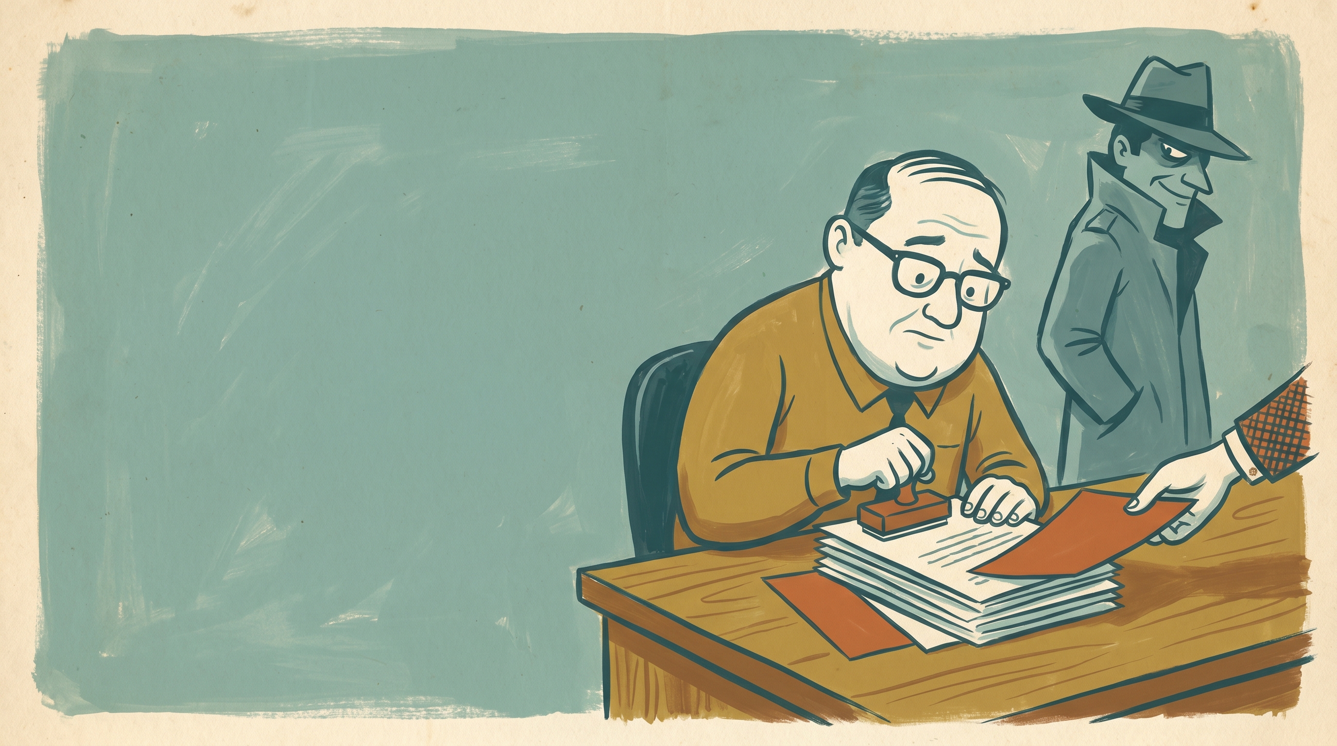 A 1960s clerk dutifully executing a forged order slipped into his correspondence stack, unable to tell the planted instruction from the genuine ones — 1960s gouache.