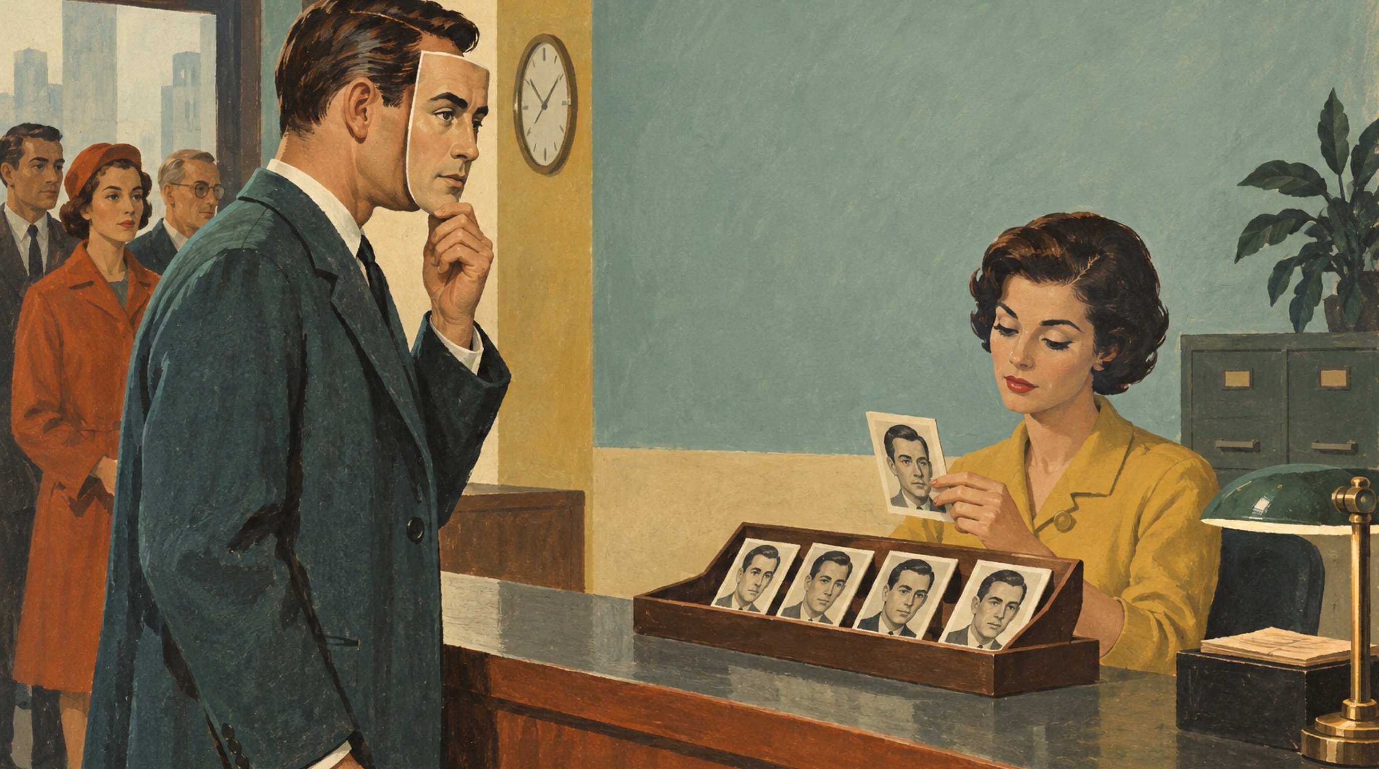 A man at a registry desk wearing a paper mask of his own face while the clerk calmly matches it against a tray of portrait cards — 1960s gouache.