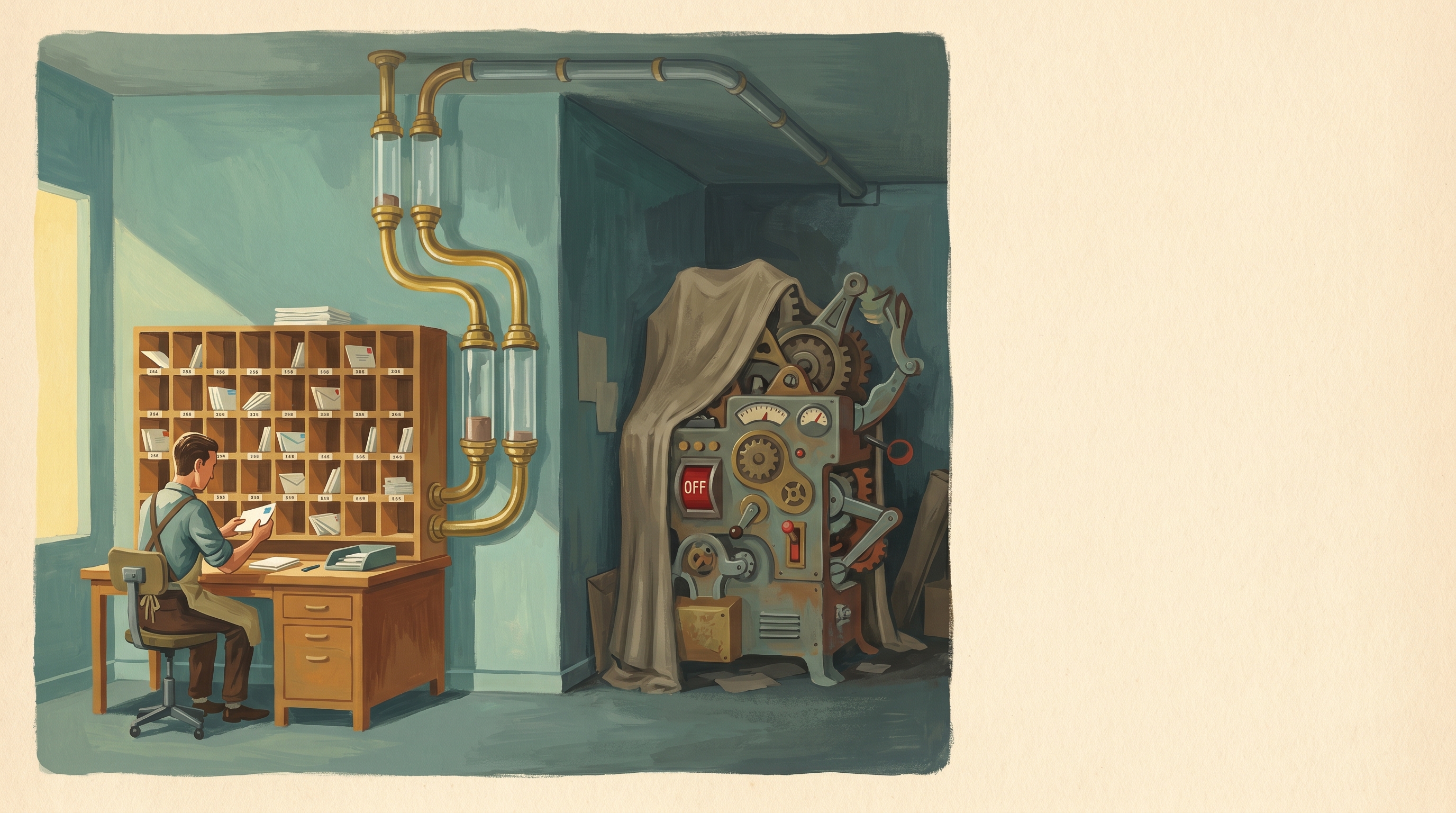 A calm mid-century postal sorting room with brass pneumatic chutes and tidy pigeonholes that one operator understands completely, while an ornate over-engineered machine sits switched off in the corner — 1960s gouache.