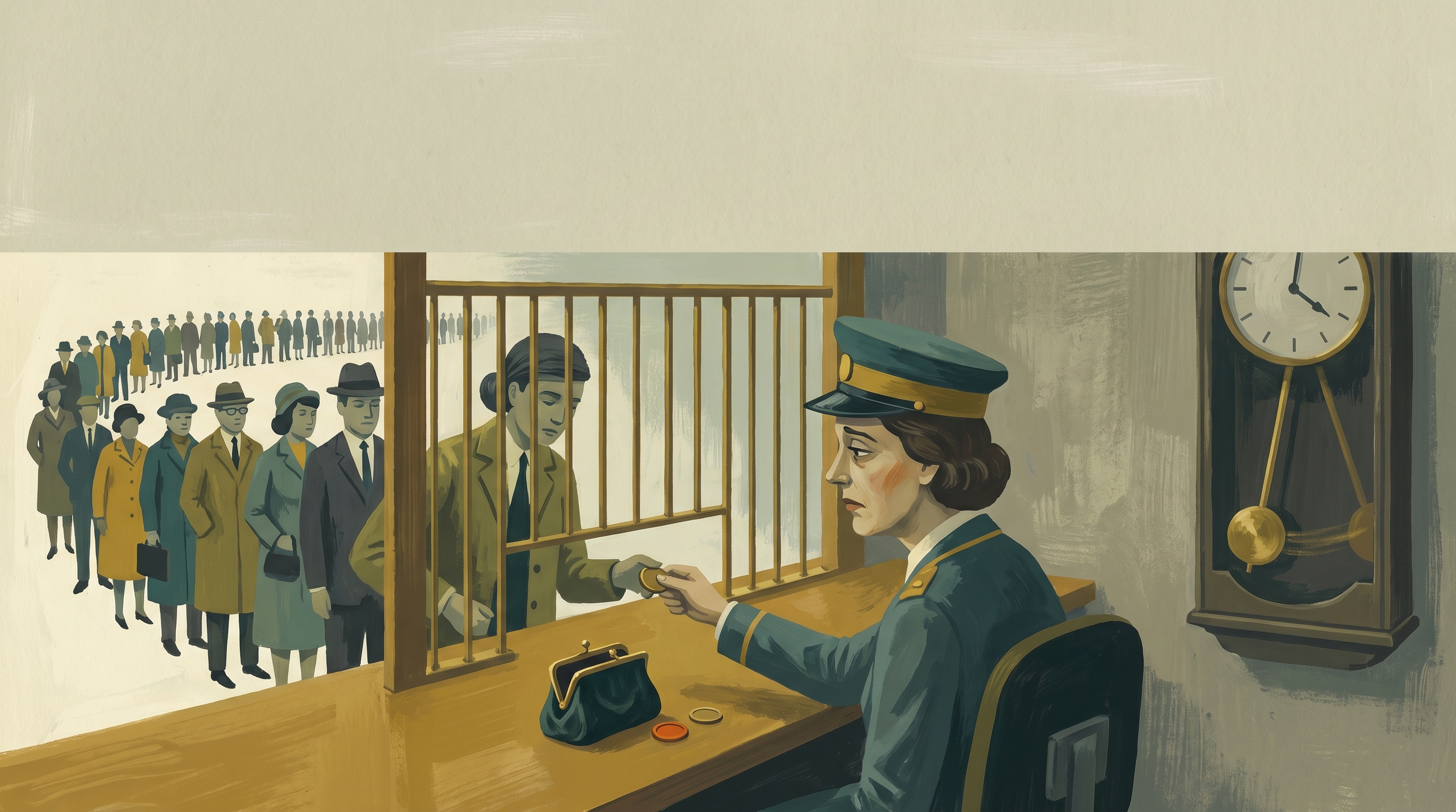 A telegraph-window teller spending from a small dwindling stack of brass retry-tokens as a queue waits and a slow pendulum marks the wait — a finite budget, not just backoff — in 1960s gouache.