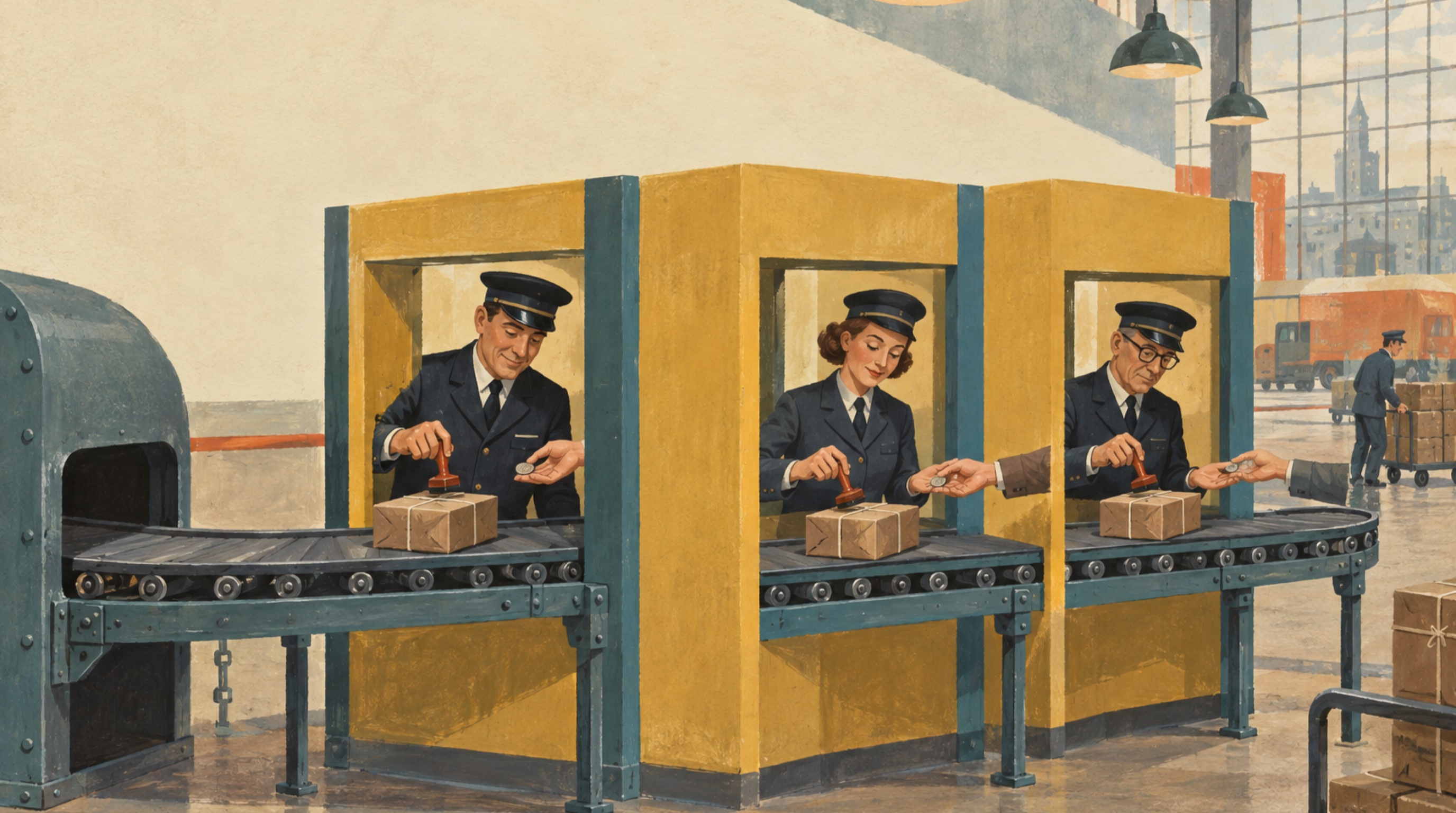 One parcel travelling along a conveyor through three toll windows in a mid-century sorting hall, a clerk at each one stamping it and taking another coin for the same parcel — 1960s gouache.