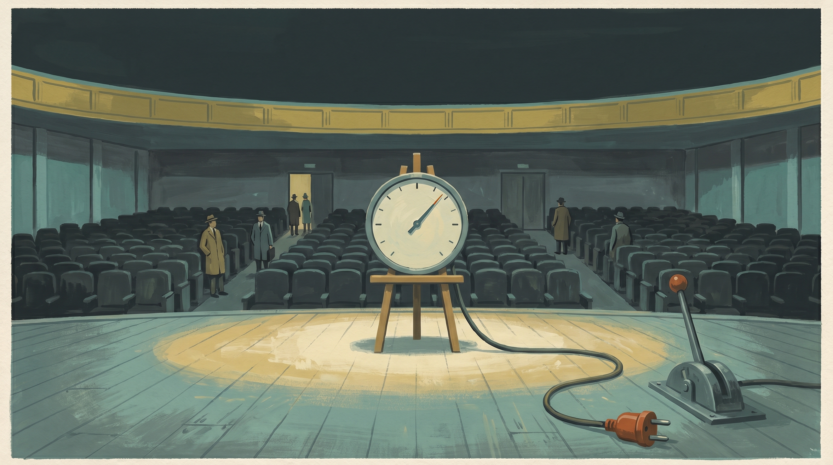 A grand near-empty theatre where a single large dial on an easel is spotlit on stage, admired by a few distant figures, its cable trailing off the stage edge to an unplugged connector beside an idle machine lever — ceremony wired to nothing, in 1960s gouache.