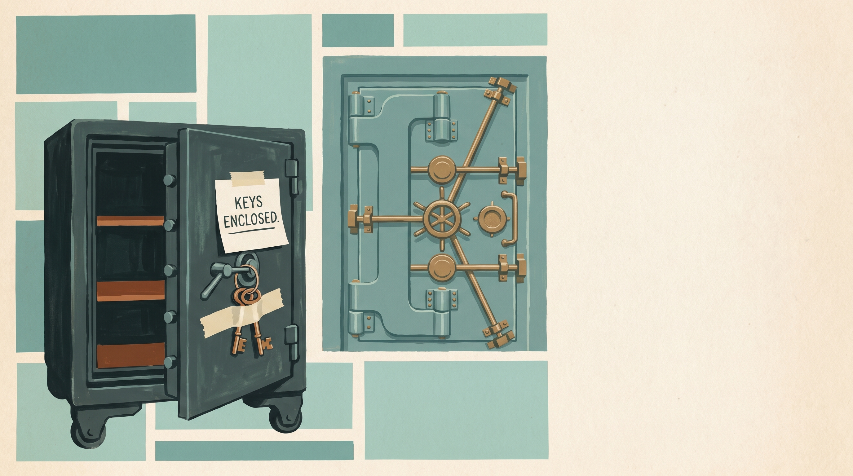 A heavy iron safe left standing wide open with its keys taped to the outside on a paper note, while a proper locked vault stands ignored beside it — 1960s gouache.
