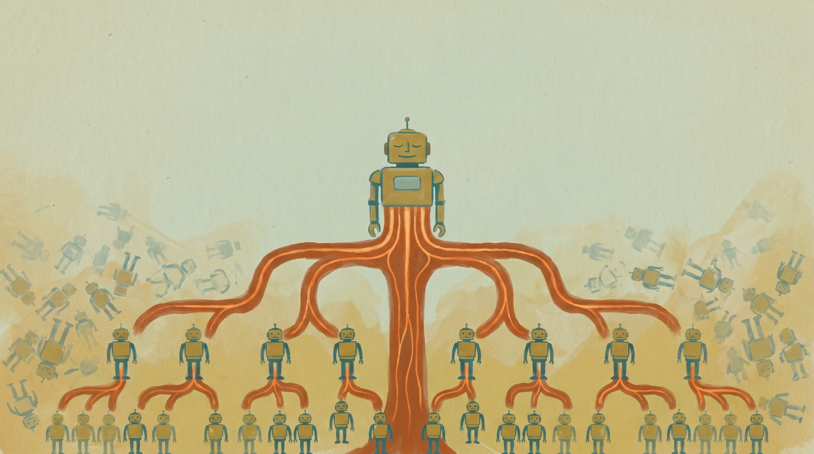 An elegant tree of mid-century robots — a supervisor at the crown delegating down branches to smaller workers, authority flowing downward like glowing sap — 1960s gouache.