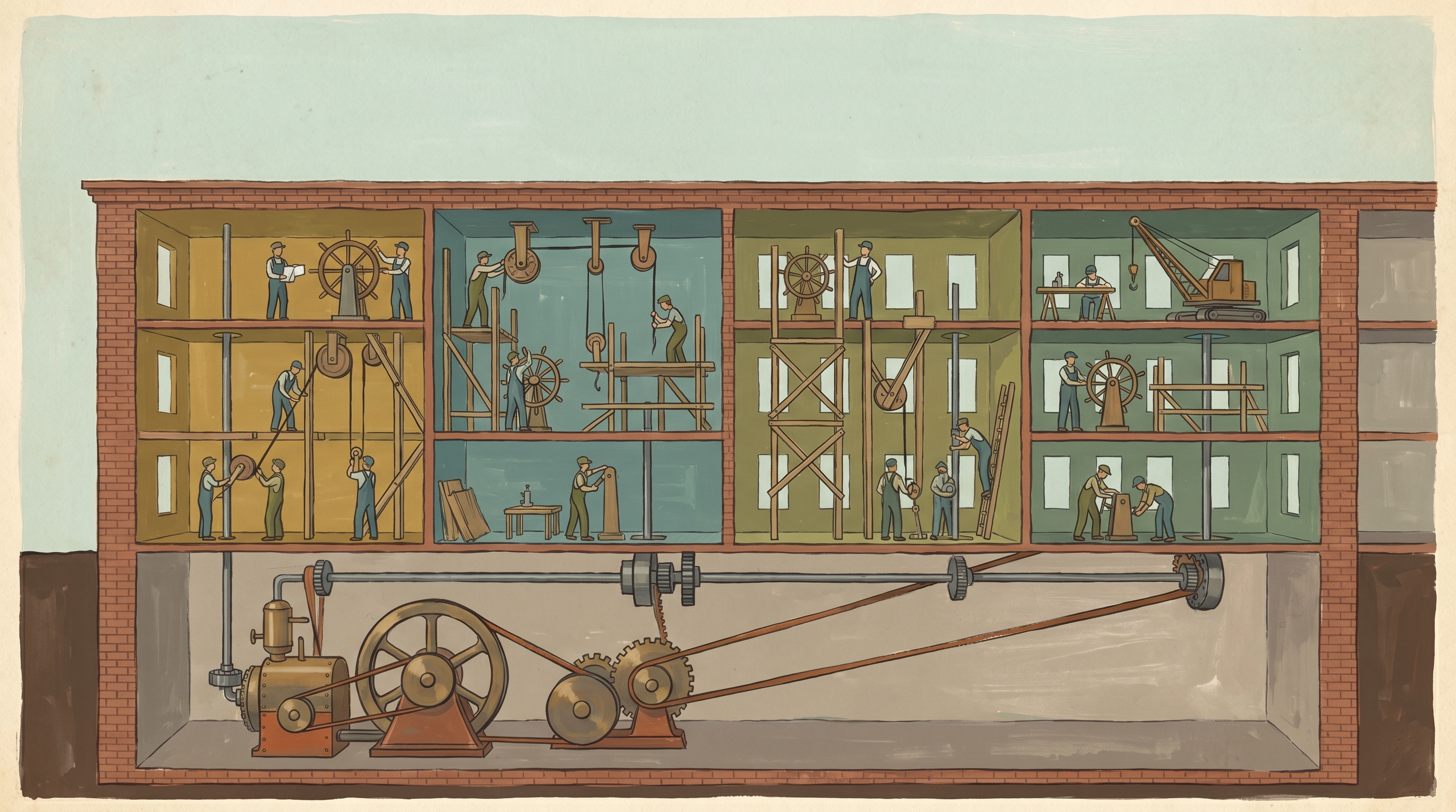 A humble brass engine humming in a basement, already powering the building above through belts and gears, while oblivious workers erect an elaborate redundant scaffold of cranes and ship's-wheels to do the same job — 1960s gouache.