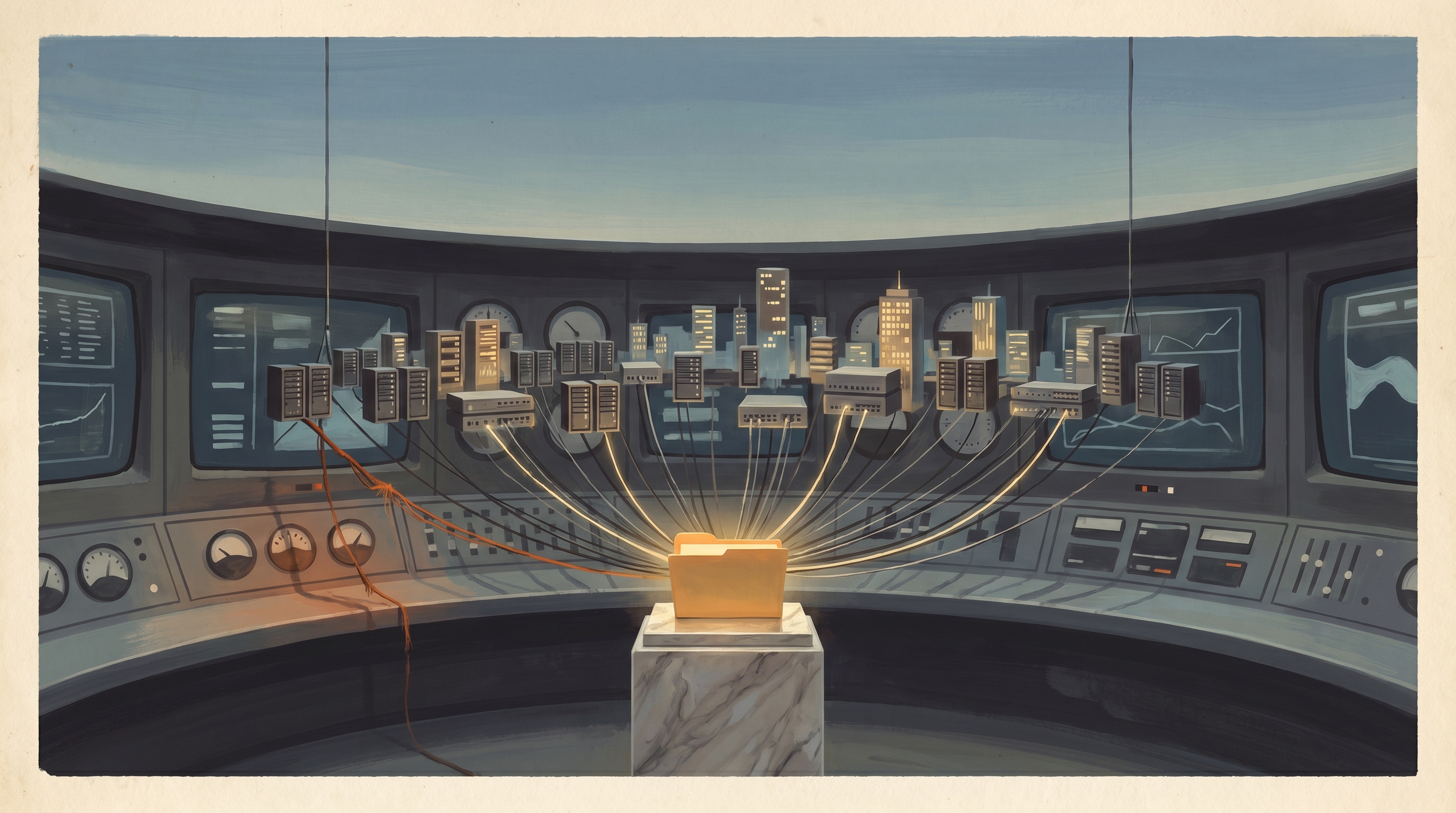 A single glowing manila file folder on a marble pedestal at the centre of a 1960s-style control room, fine luminous threads radiating out to a miniature city of servers and load balancers that hang from it, one thread frayed and close to snapping — painted as a mid-century gouache magazine cover.