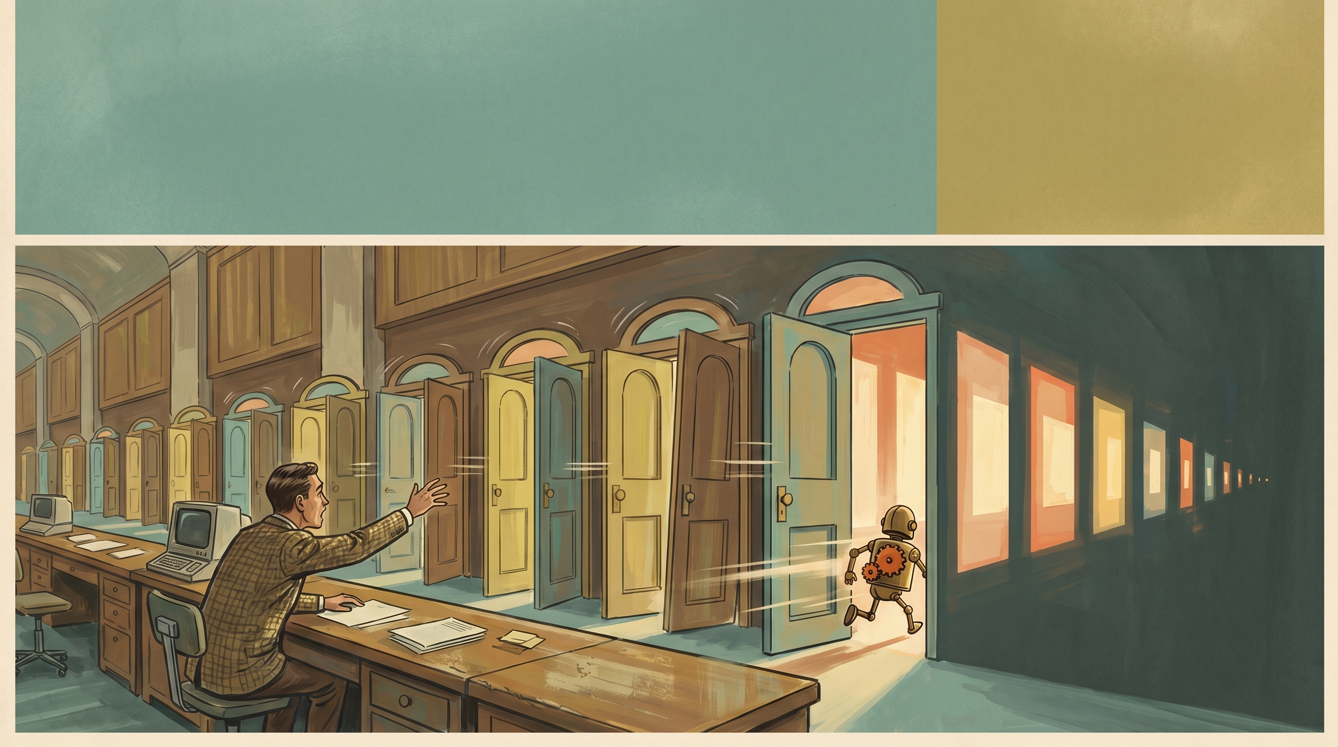 A grand mid-century trading hall where a human clerk reaches for tall doors that snap shut faster than he can move, while a small swift brass automaton darts through the last closing gap — 1960s gouache.