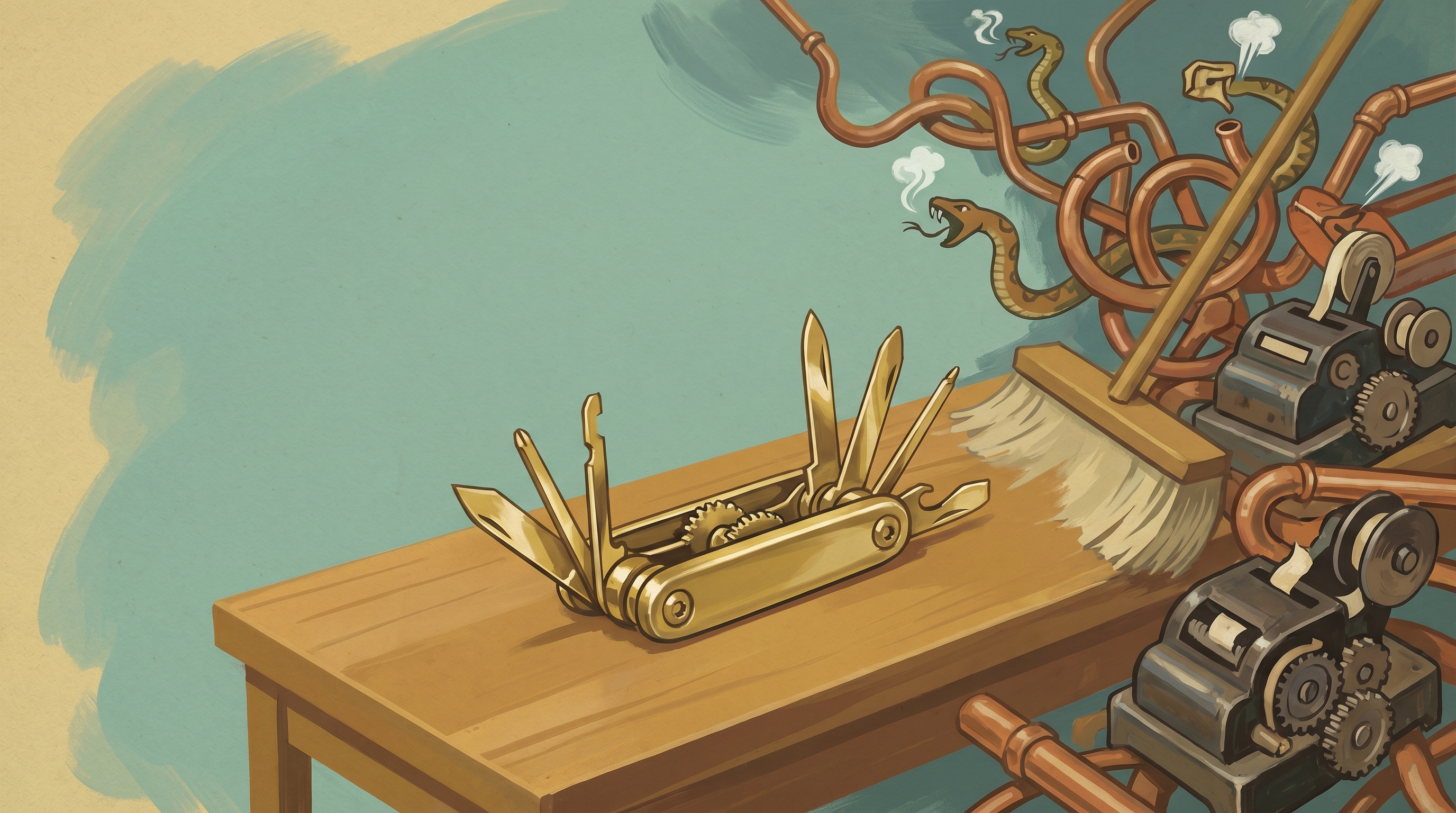 A cluttered Victorian workshop of tangled pipes, hissing snakes, and competing label-makers being swept aside as a single sleek brass multi-tool does every job at once on a clean bench — 1960s gouache.
