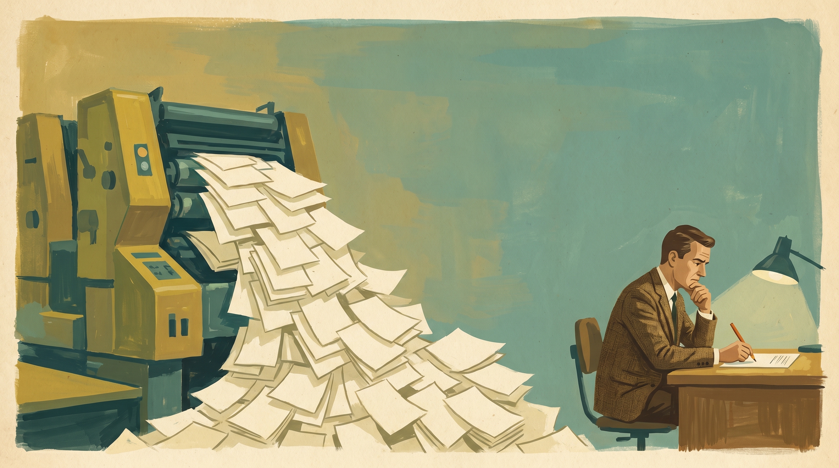 An enormous printing press erupting with a towering avalanche of identical draft pages, beside a single engineer calmly judging one page with a red pencil — 1960s gouache.