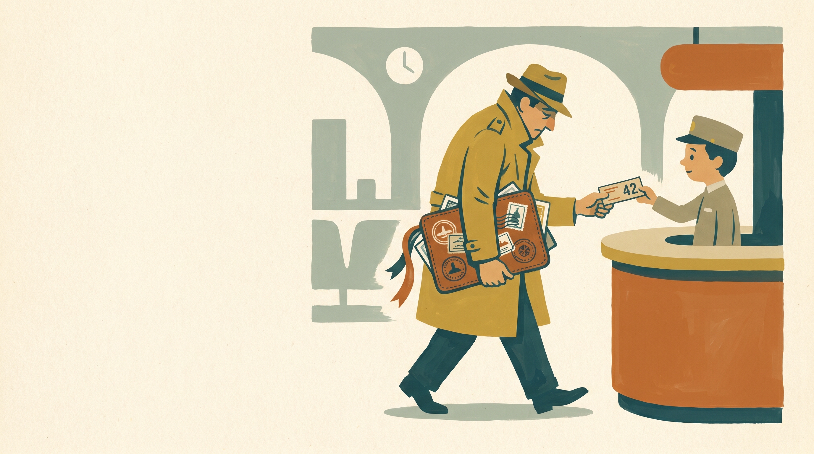 A weary mid-century traveller weighed down by an elaborate, self-stamped passport wallet, walking past a cloakroom attendant handing out a plain numbered ticket that does the same job — 1960s gouache.