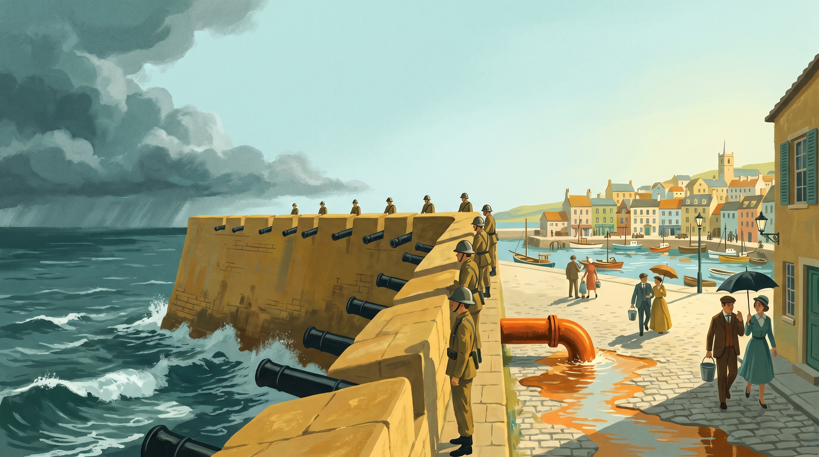 A fortified sea-wall with cannons aimed at a storm-tossed ocean while behind it, in the calm sunlit harbour town, a single burst internal pipe quietly floods the streets — 1960s gouache.