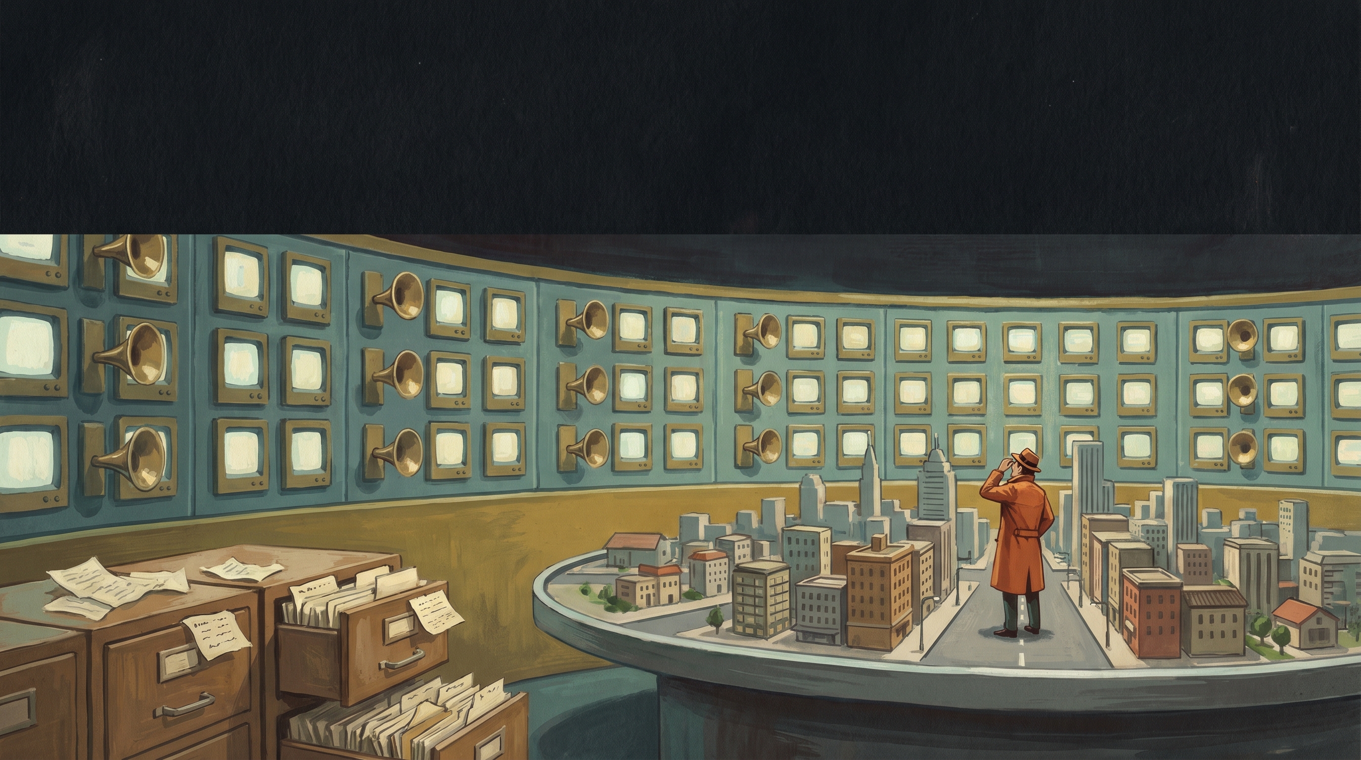 A towering surveillance gallery of small screens and listening apparatus recording every street of a tiny model city, overflowing with intercepted notes, as one uneasy citizen notices — 1960s gouache.